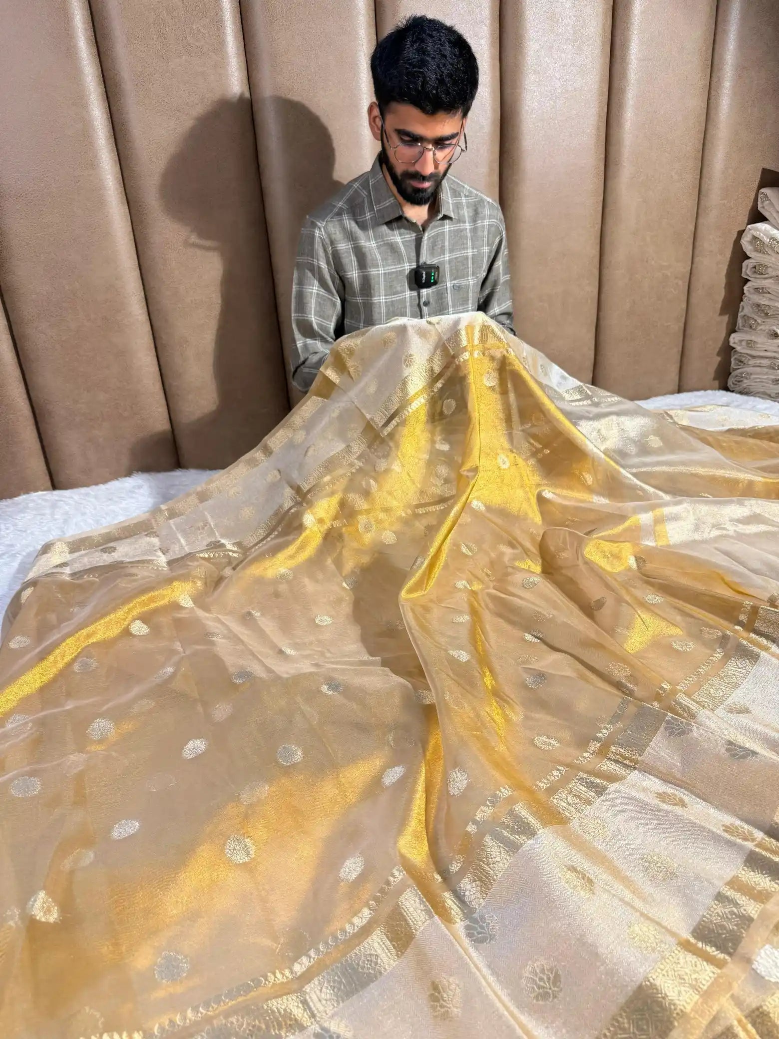 Golden Copper Tissue Silk Khaddi Buti Banarasi Saree