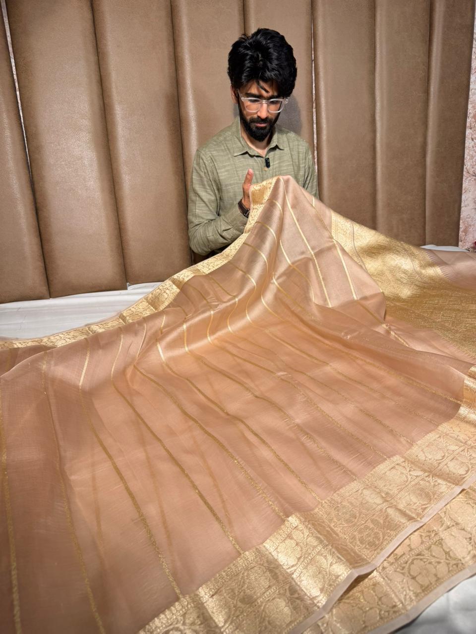 Ivory Gold Vertical Stripes Handwoven Organza Saree