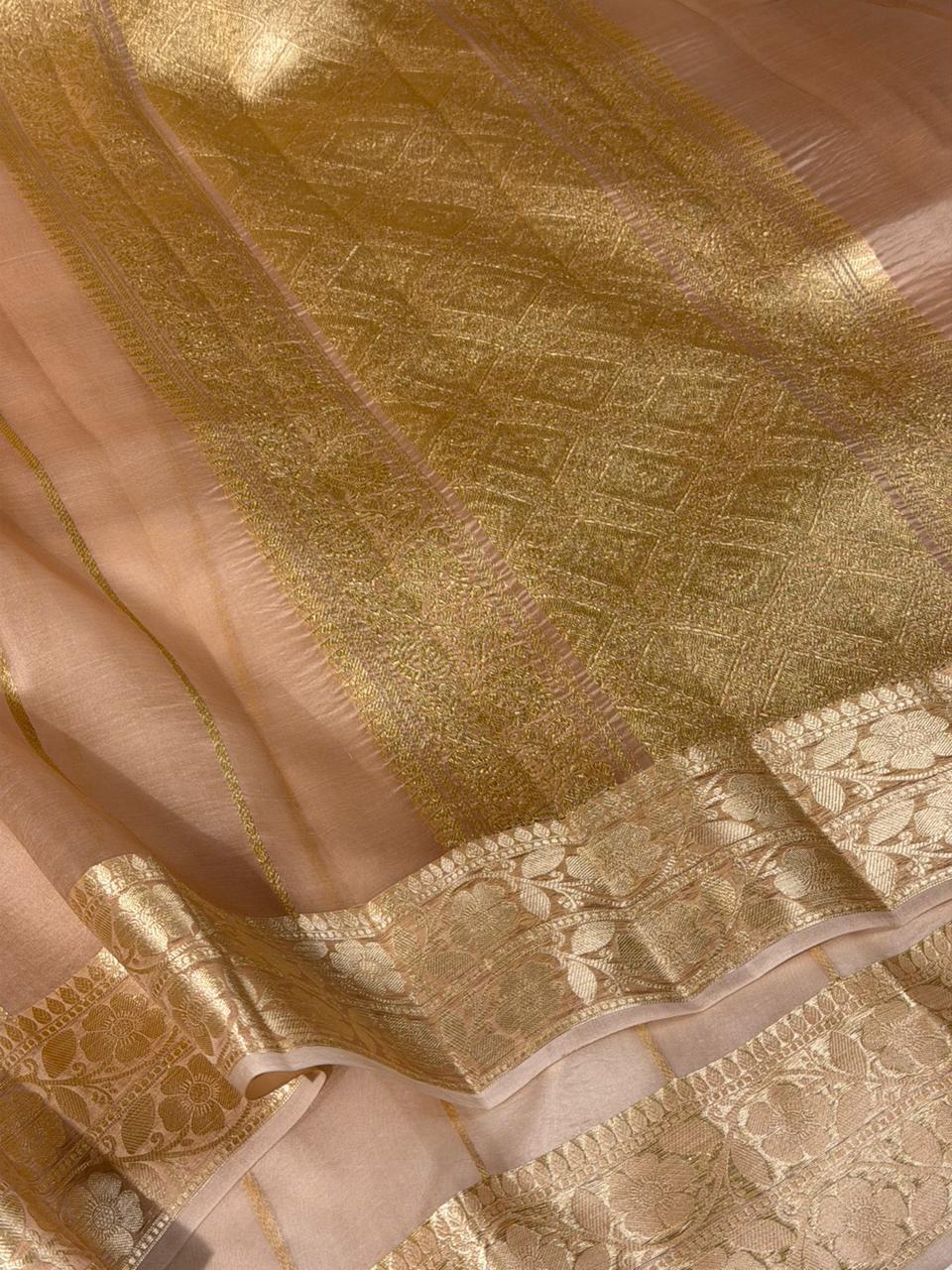 Ivory Gold Vertical Stripes Handwoven Organza Saree