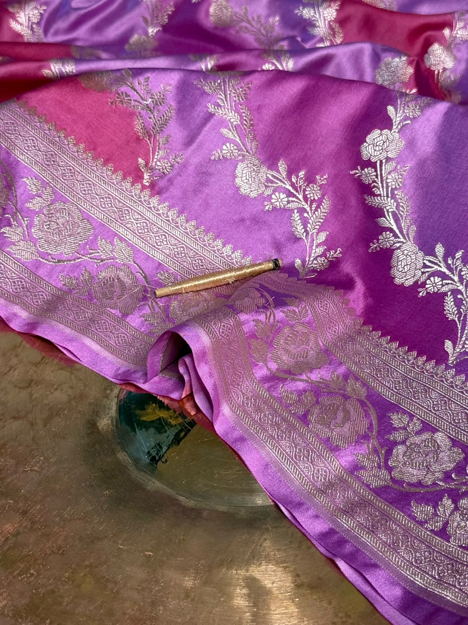 Handbrush Dyed Mashru Silk Leheriya Weave Banarasi Saree