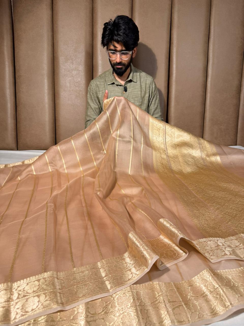 Ivory Gold Vertical Stripes Handwoven Organza Saree