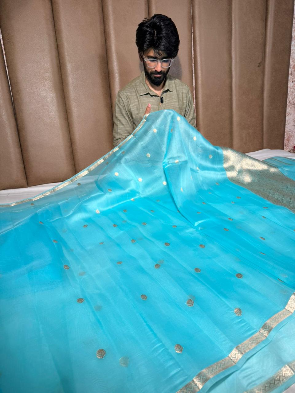 Firozi Blue Zari Buti Weave Organza Banarasi Saree