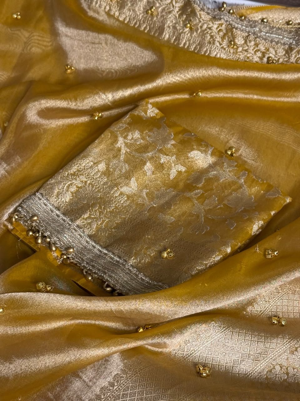 Metallic Yellow Kora Tissue Viral Ghungroo Saree
