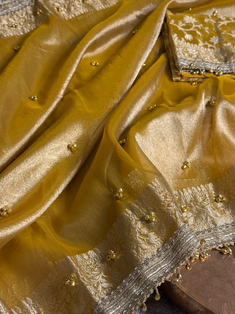 Metallic Yellow Kora Tissue Viral Ghungroo Saree