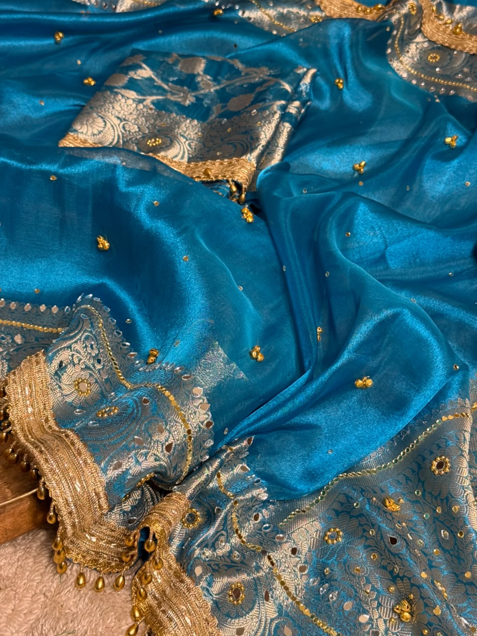 Firozi Blue Kora Tissue Viral Ghungroo Saree