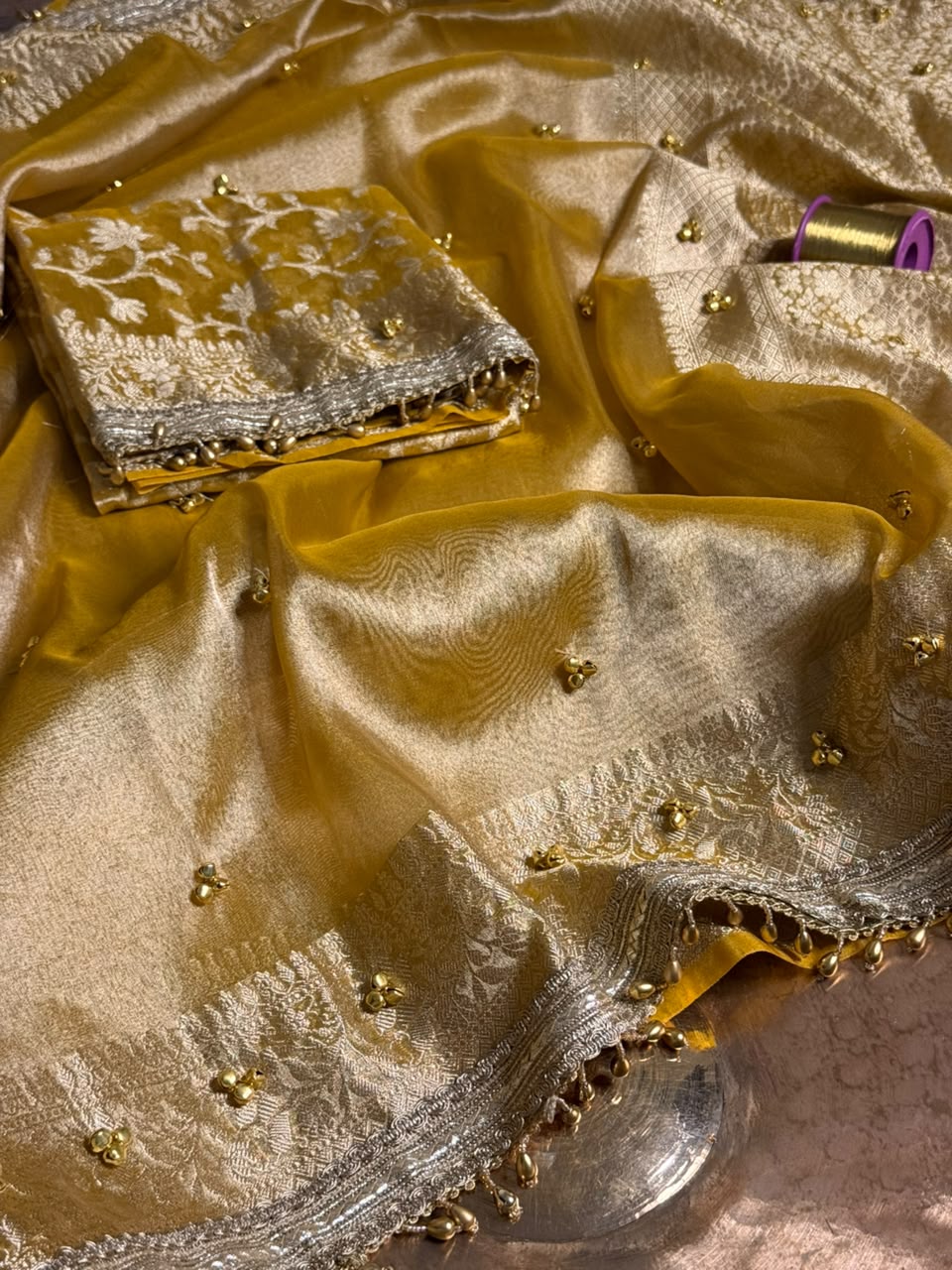 Metallic Yellow Kora Tissue Viral Ghungroo Saree