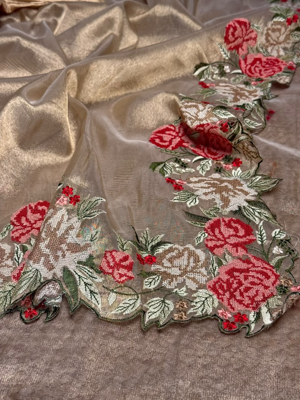Crochet Embroidered Golden Tissue Silk Banarasi Saree
