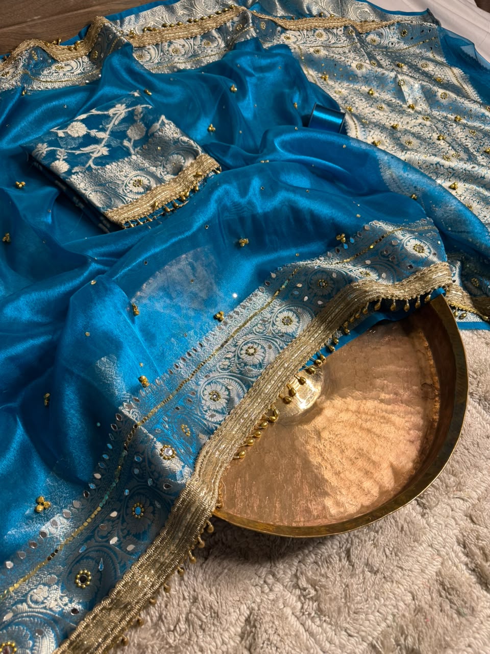 Firozi Blue Kora Tissue Viral Ghungroo Saree