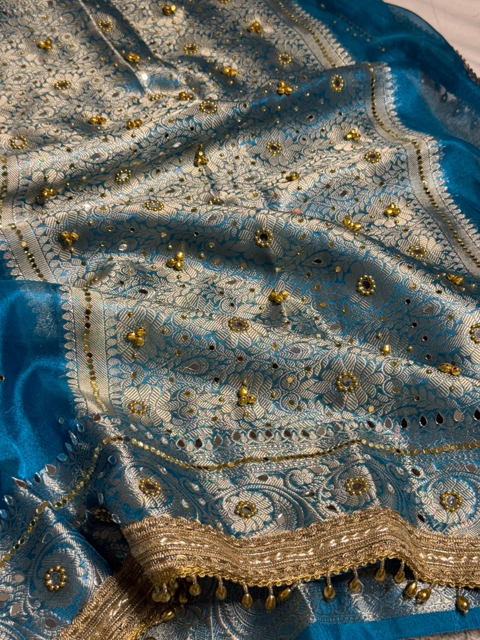 Firozi Blue Kora Tissue Viral Ghungroo Saree