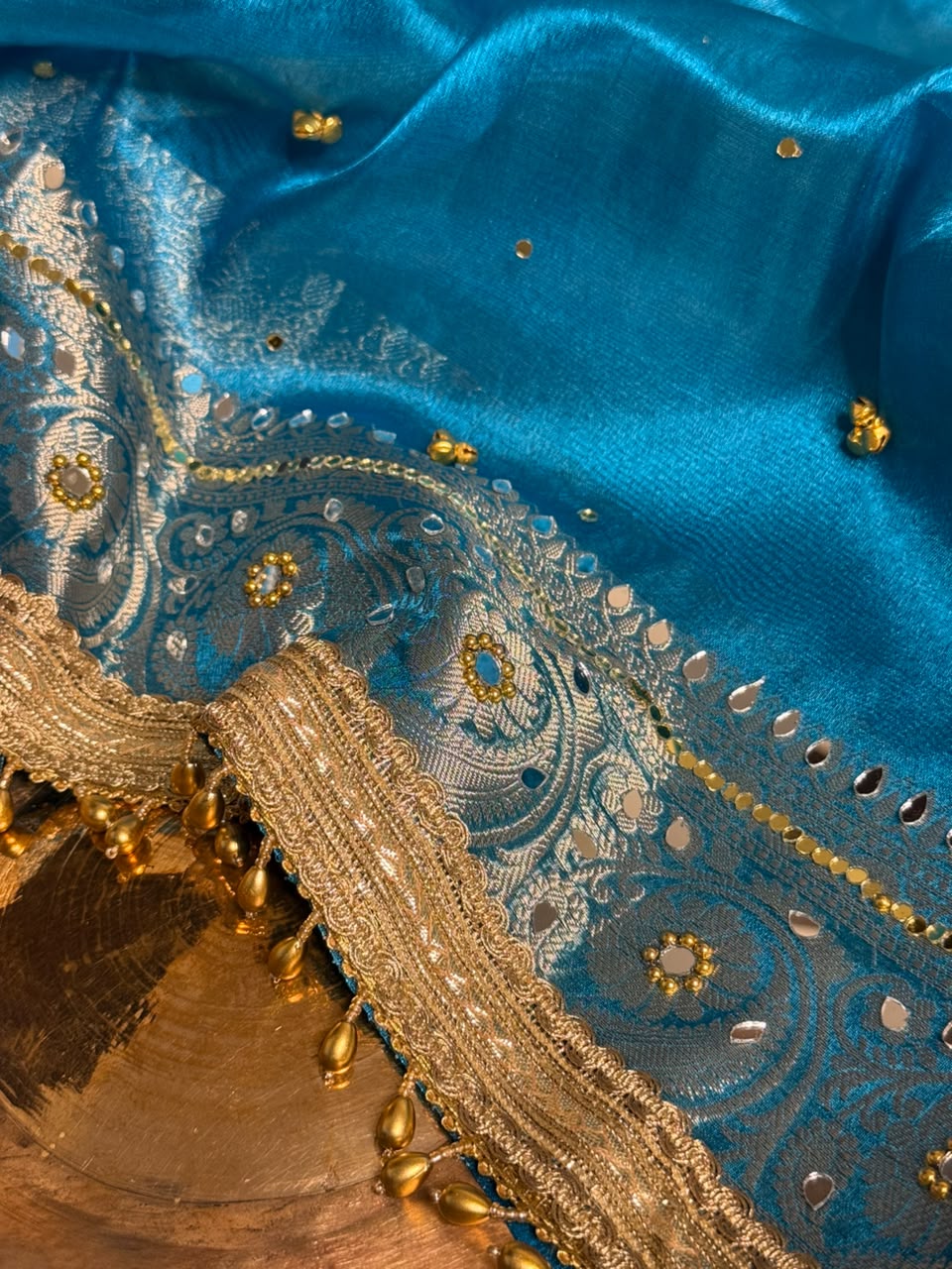 Firozi Blue Kora Tissue Viral Ghungroo Saree