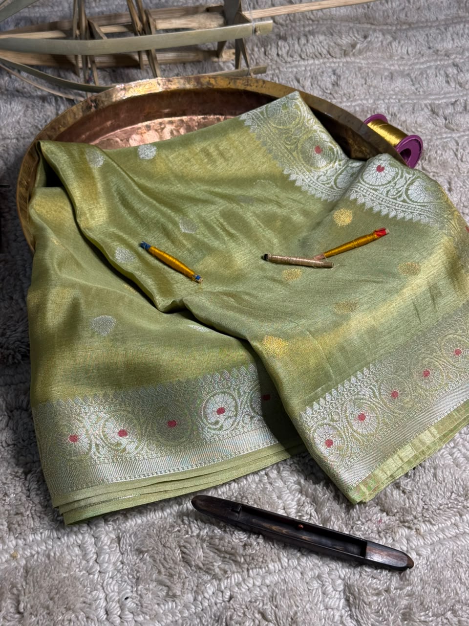 Minted Green Soft Breathable Tissue Khaddi Buti Saree