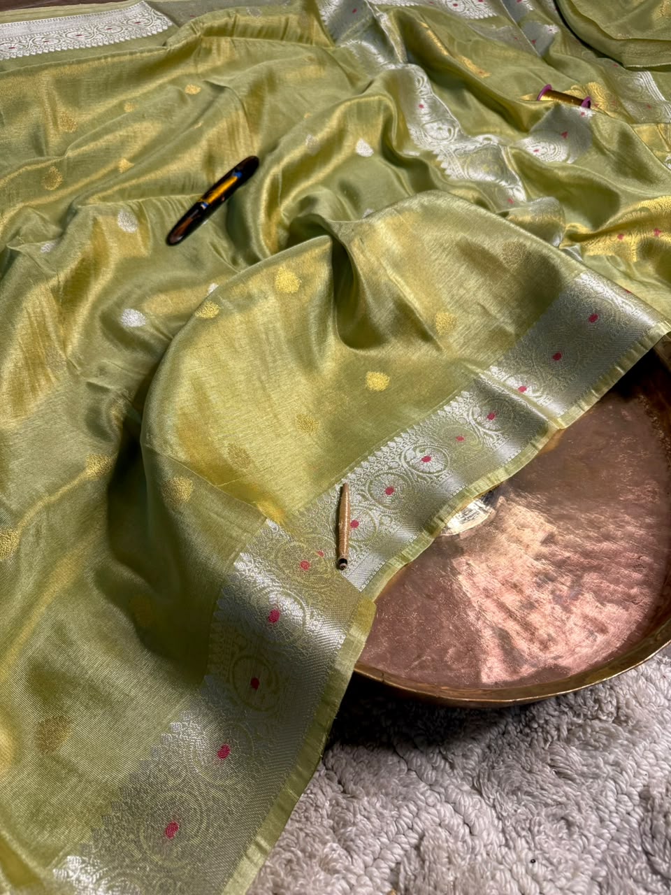 Minted Green Soft Breathable Tissue Khaddi Buti Saree