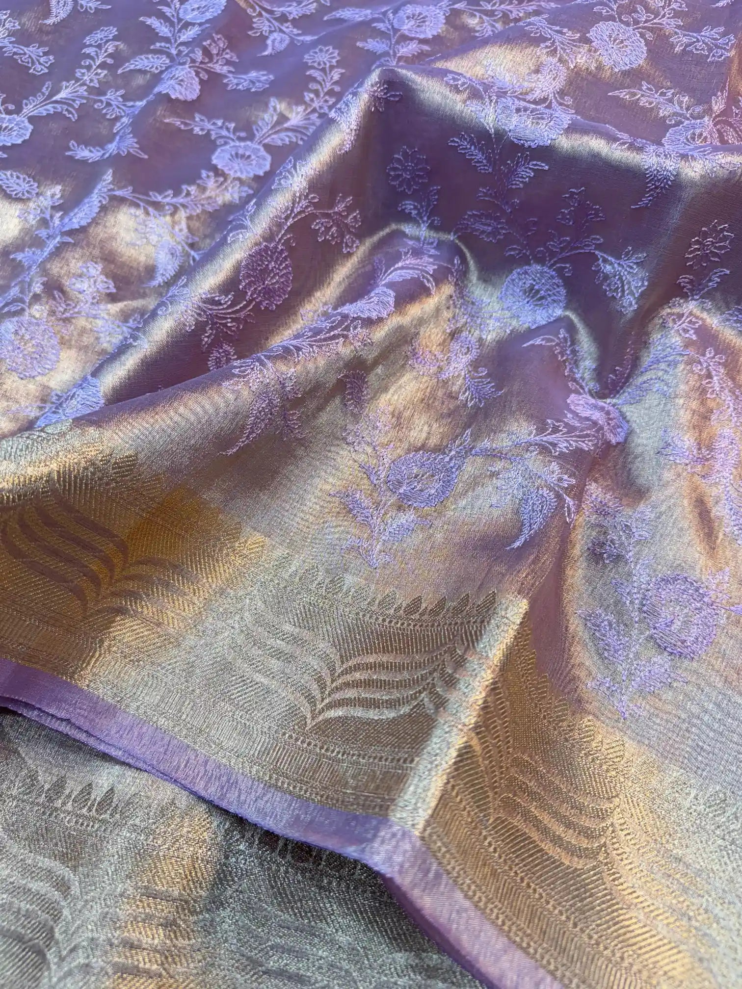 Lavender Banarasi Tissue Silk Chikankari Work Saree