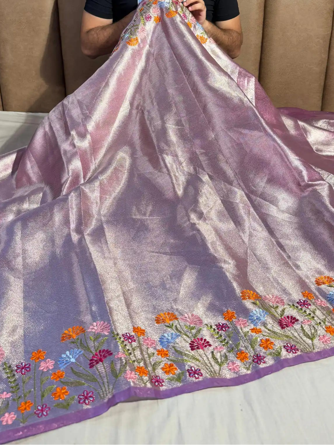 Lavender Designer Tissue Silk Saree with Rich Border Chikankari and pallu