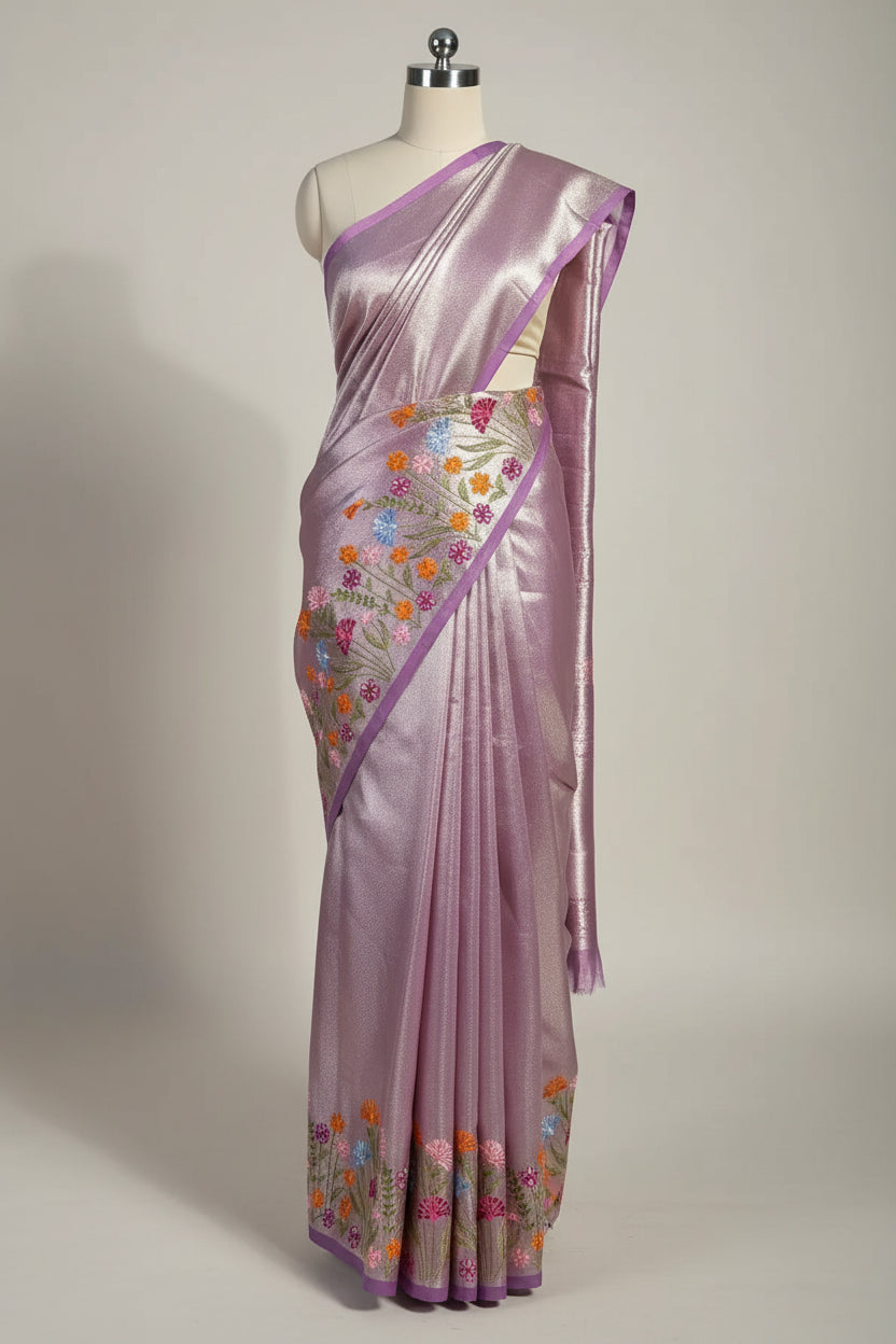 Lavender Designer Tissue Silk Saree with Rich Border Chikankari and pallu