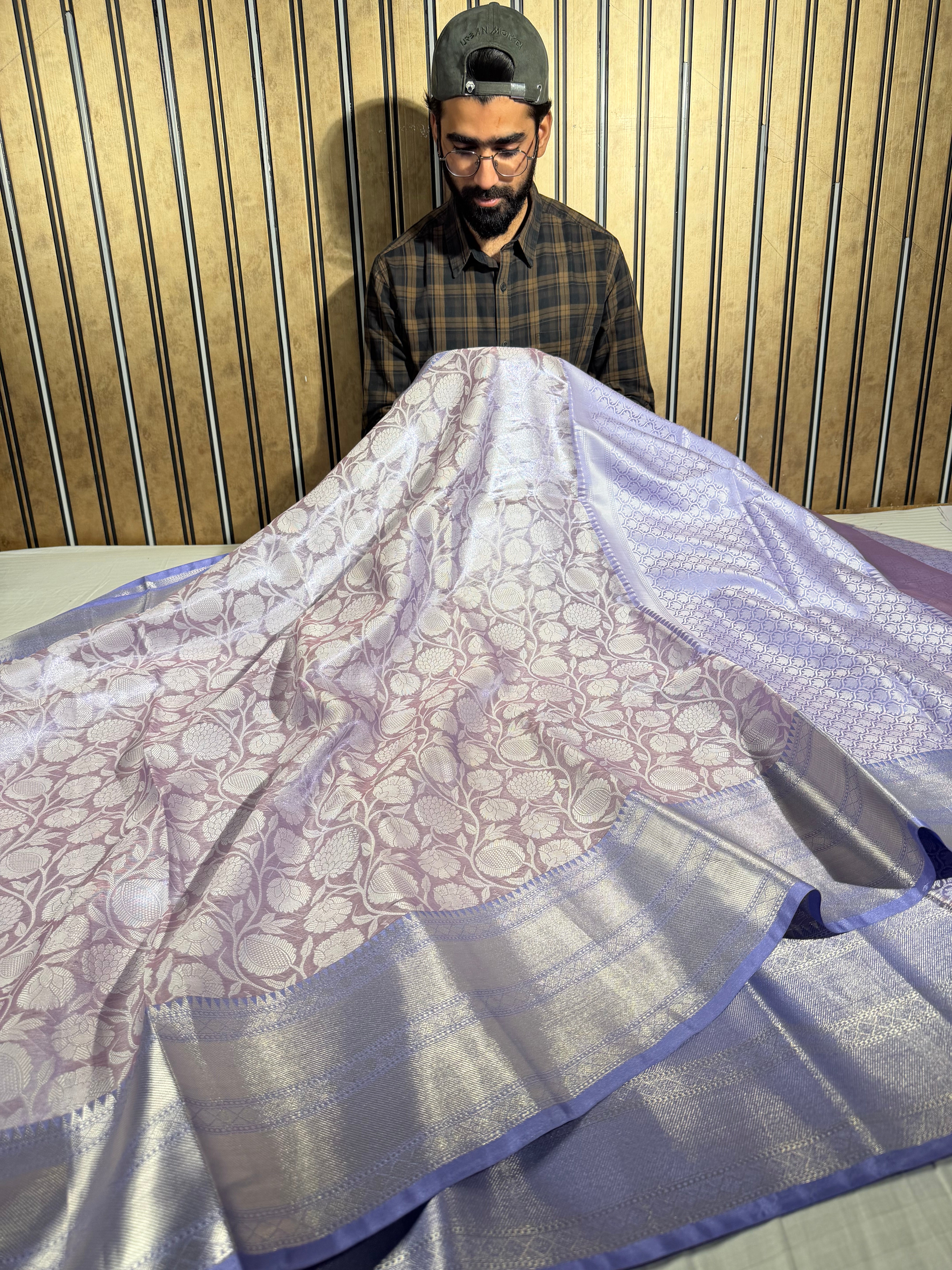 Lavender Embossed Tissue Silk Banarasi Saree