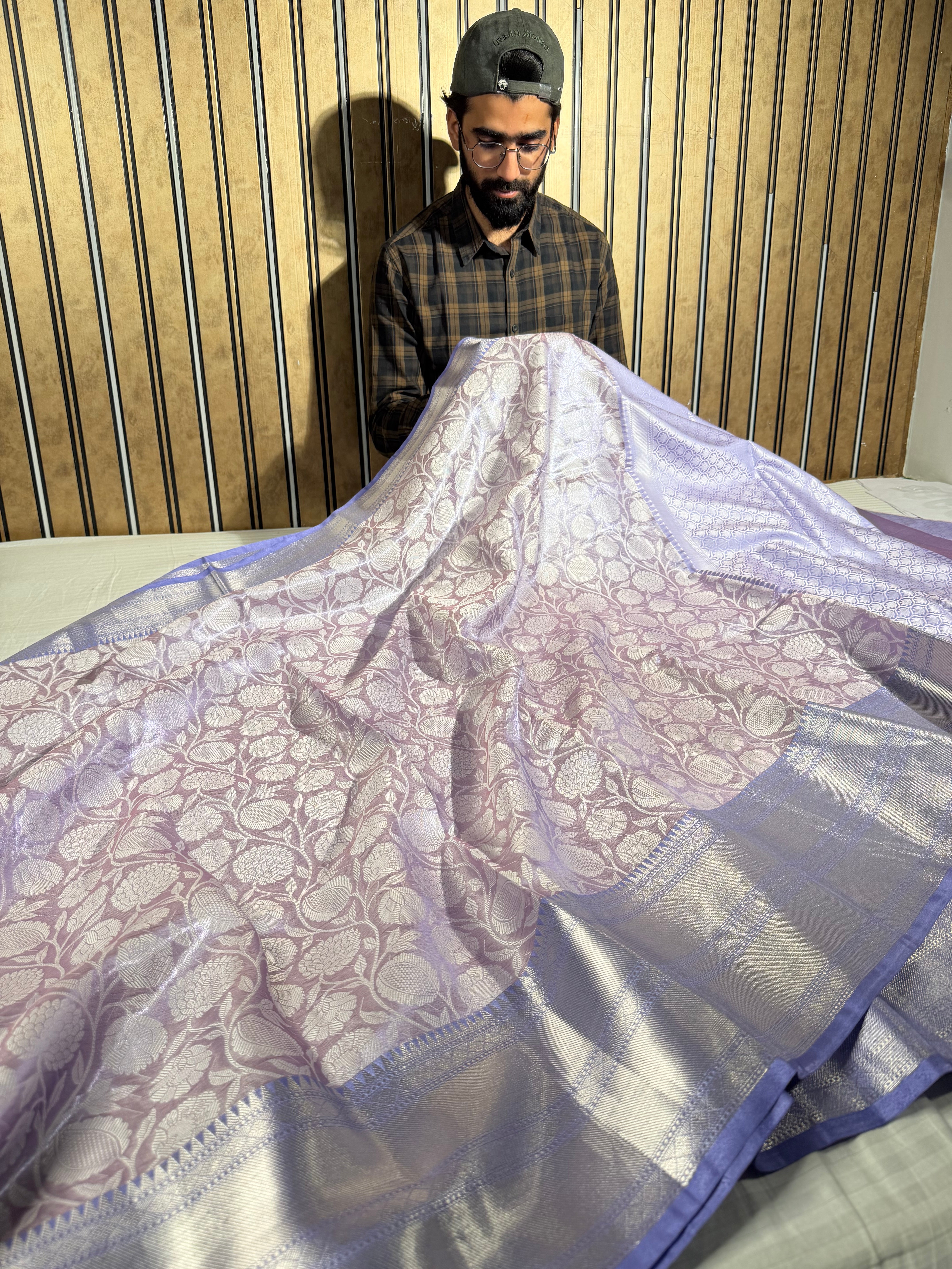 Lavender Embossed Tissue Silk Banarasi Saree