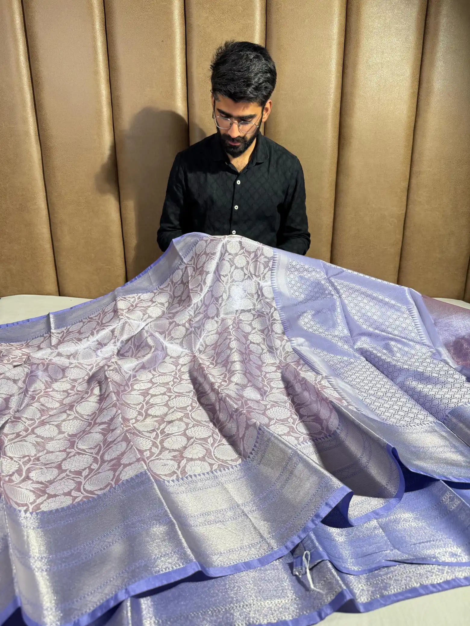 Lavender Glass Tissue Silk Floral Embossed Banarasi Saree