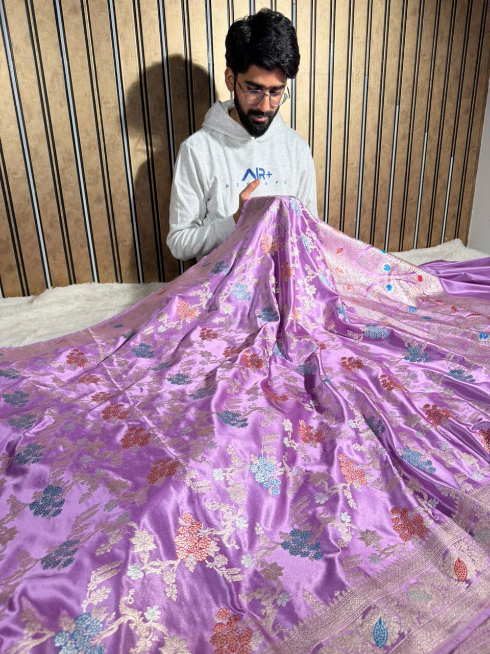 Lavender Mashru Katan Silk Alfi Meenakari Banarasi Saree