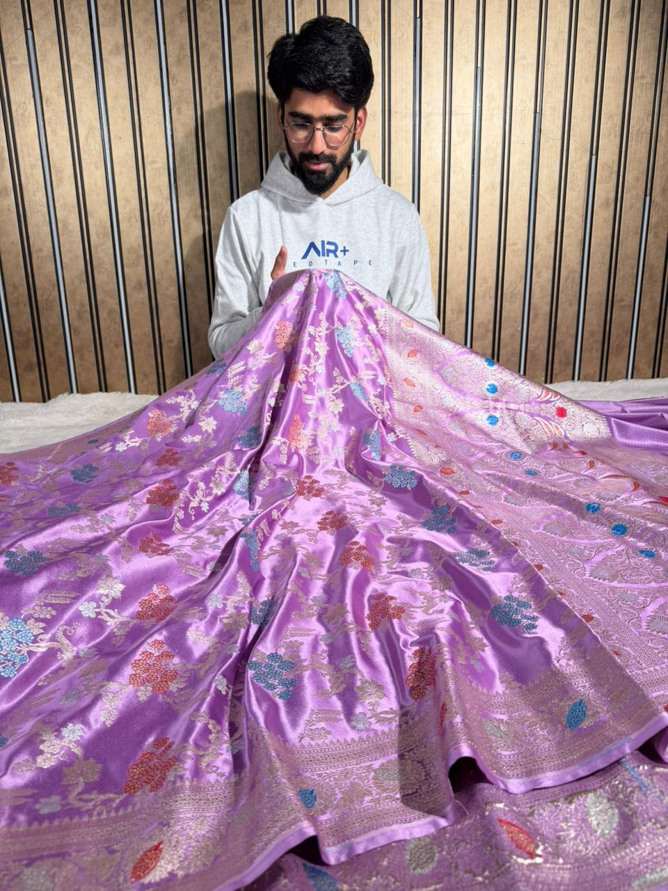 Lavender Mashru Katan Silk Alfi Meenakari Banarasi Saree