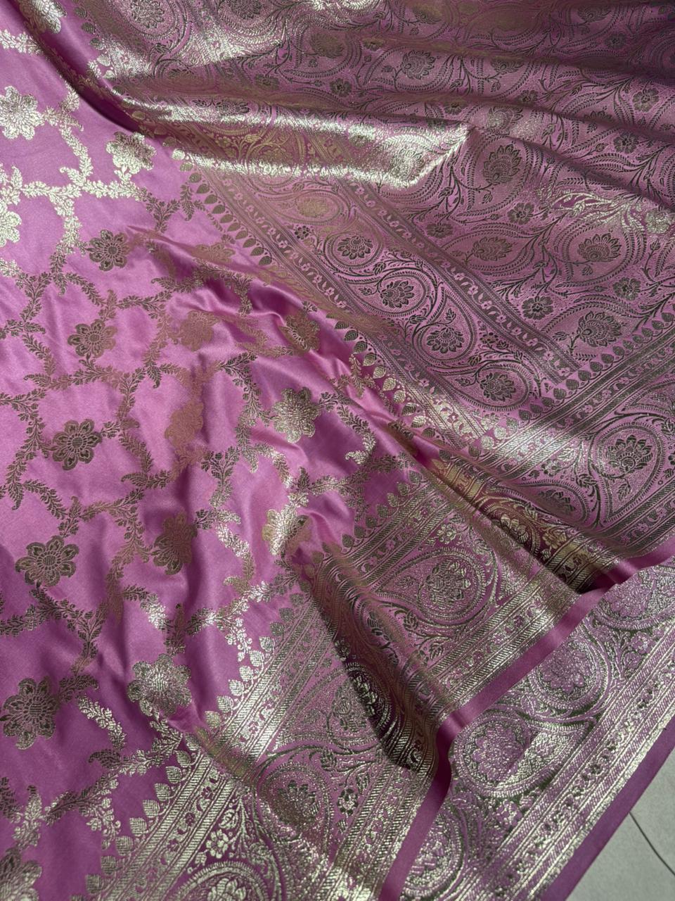 Lavender Pink Satin Silk Heritage Floral Weave Banarasi Saree