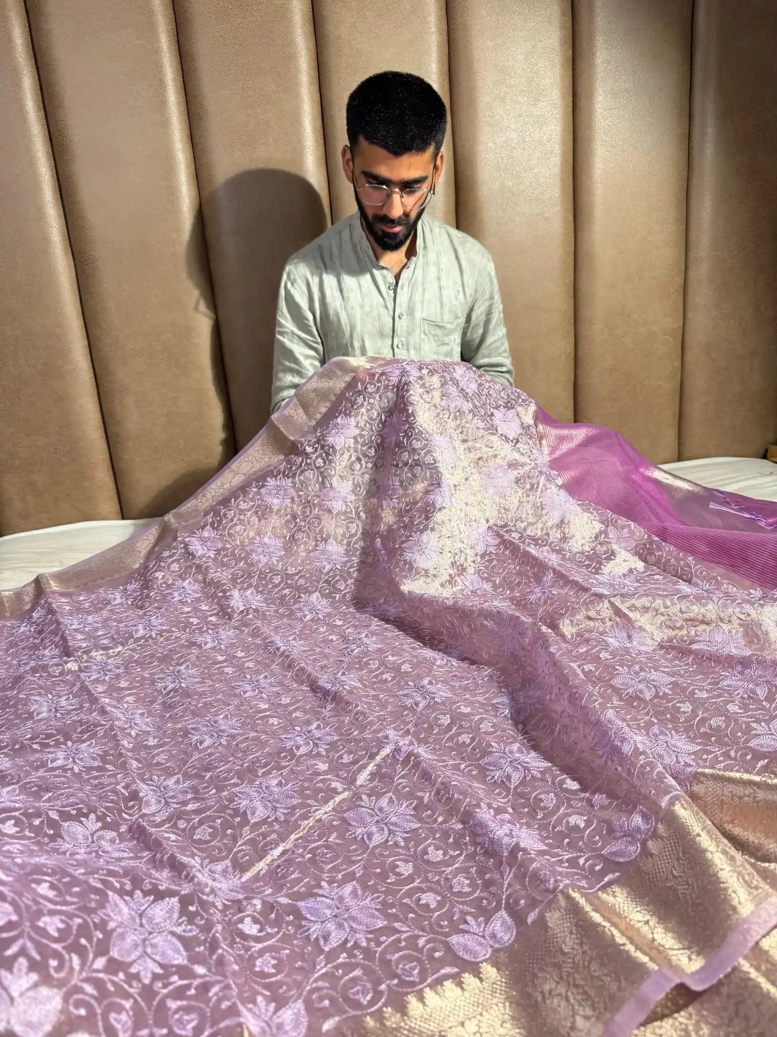 Lavender Shade Exclusive Soft Tissue Silk Banarasi Saree with Premium Chikankari Embroidery Work
