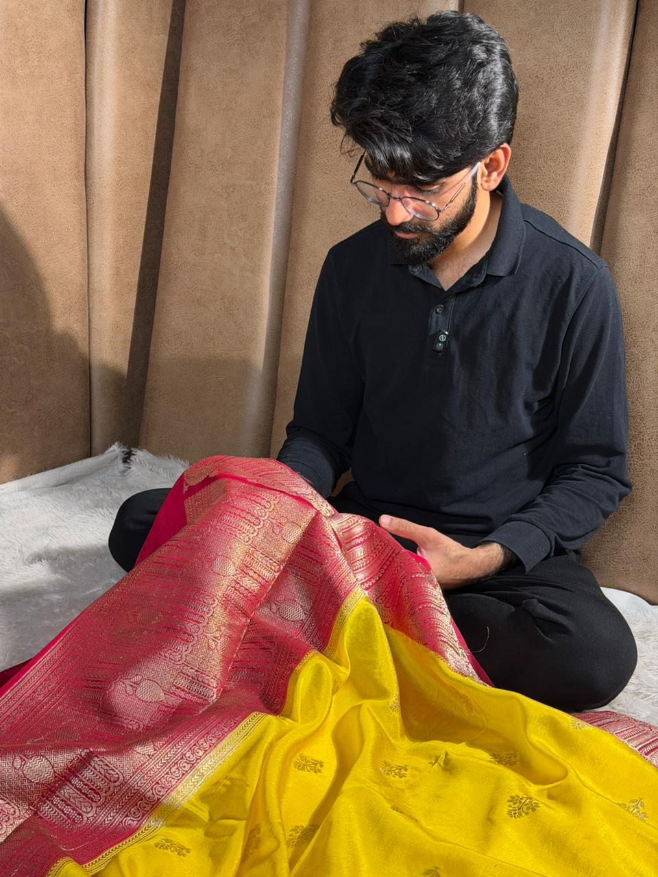 Lemon Rani Chinia silk eccentric Banarasi Saree