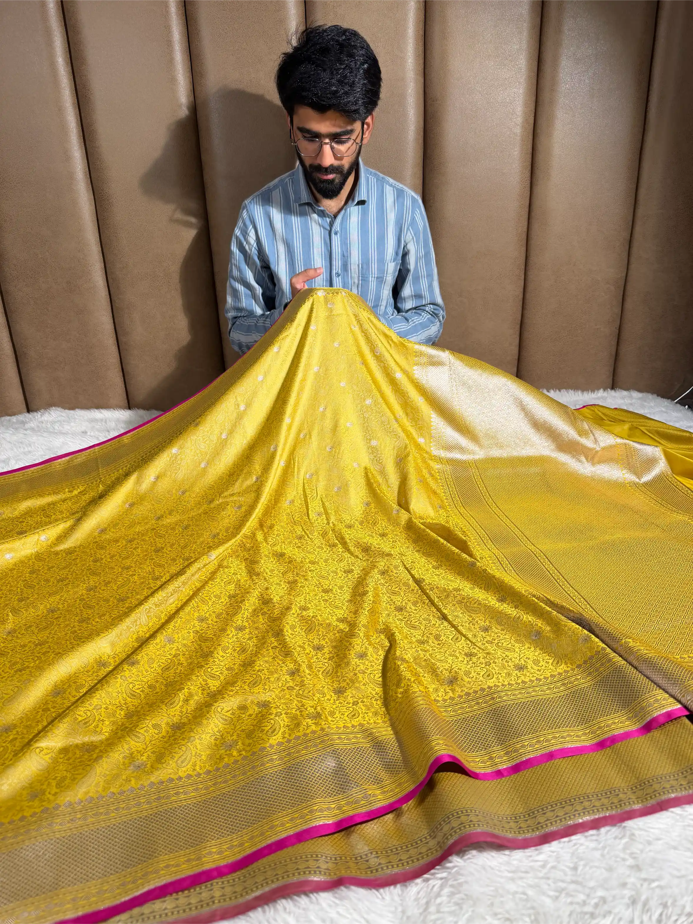 Lemon Yellow Intricate Mashru Katan Silk Tanchoi Banarasi Saree