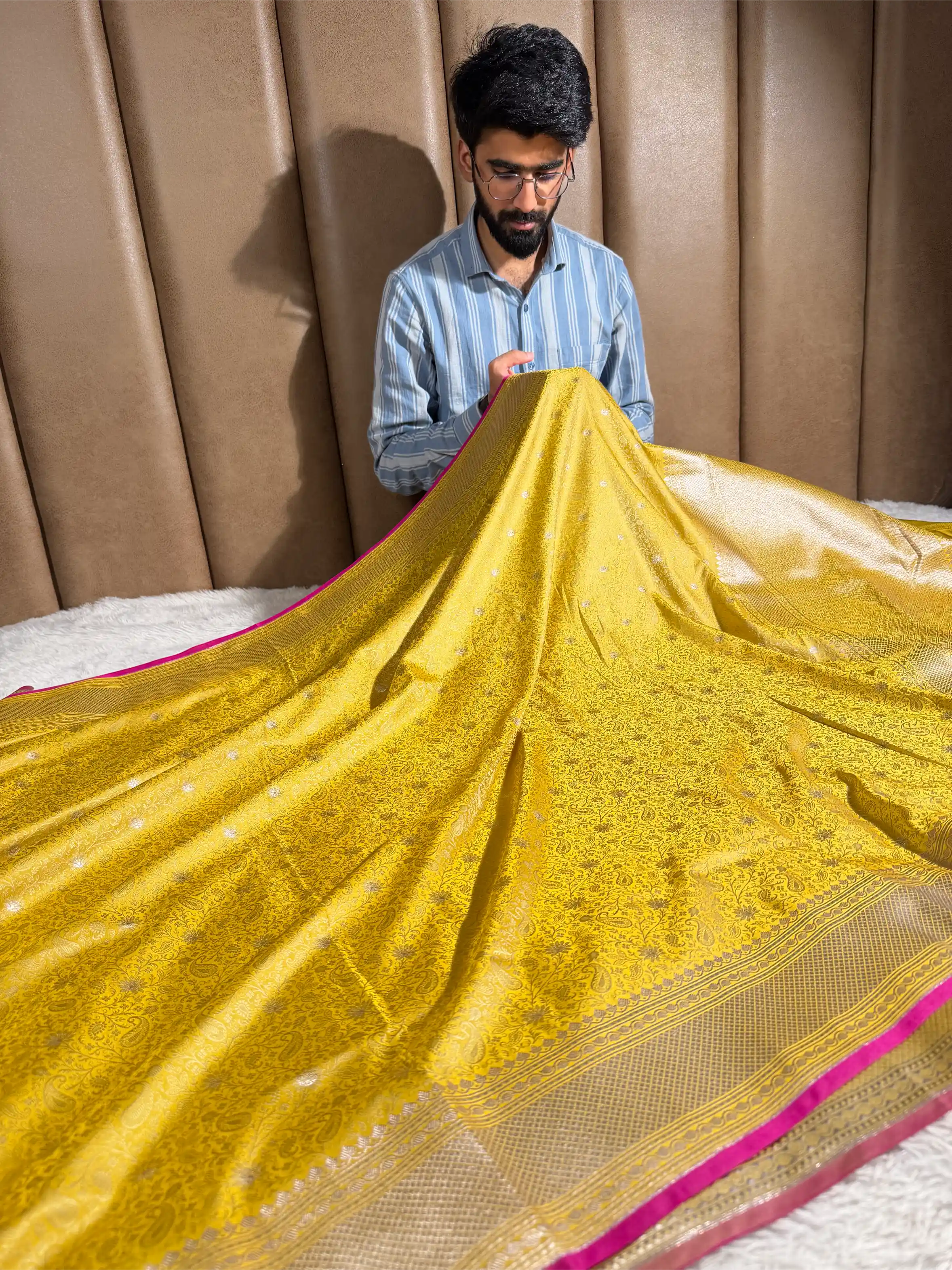 Lemon Yellow Intricate Mashru Katan Silk Tanchoi Banarasi Saree