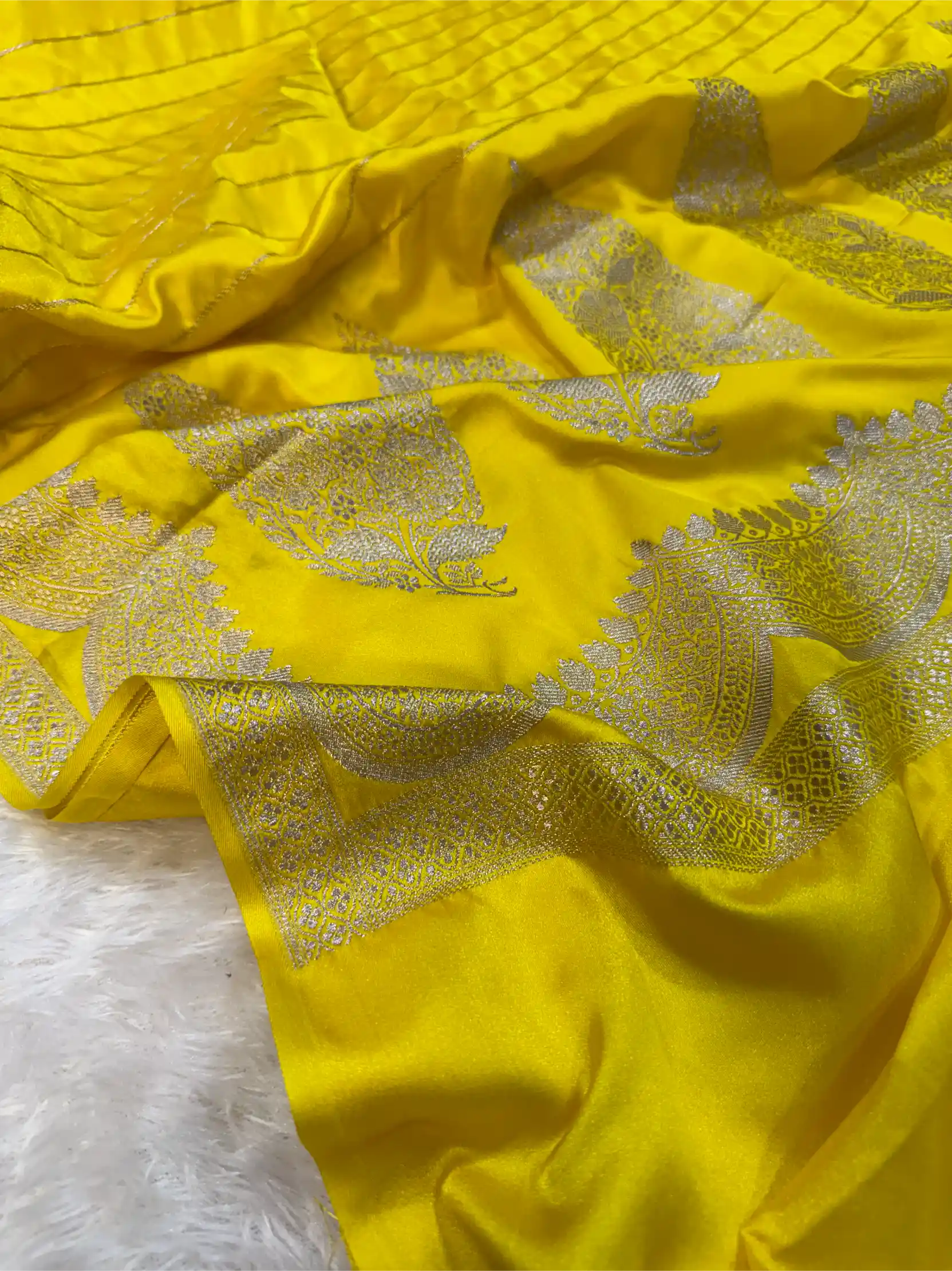 Lemon Yellow Mashru Katan Silk Contemporary Weave Banarasi Saree