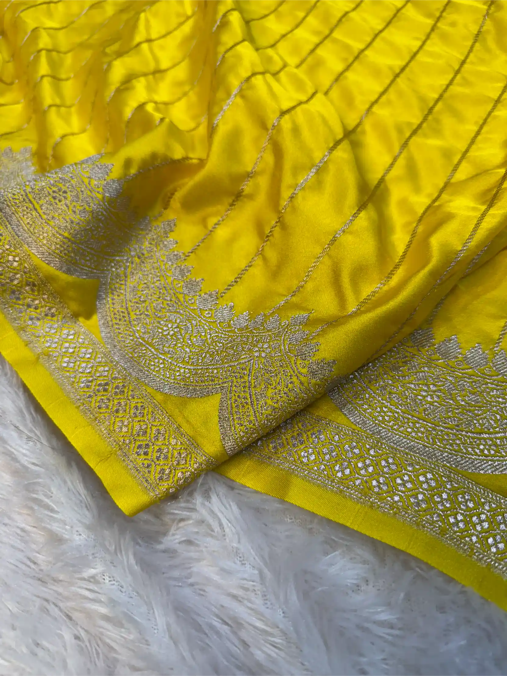 Lemon Yellow Mashru Katan Silk Contemporary Weave Banarasi Saree