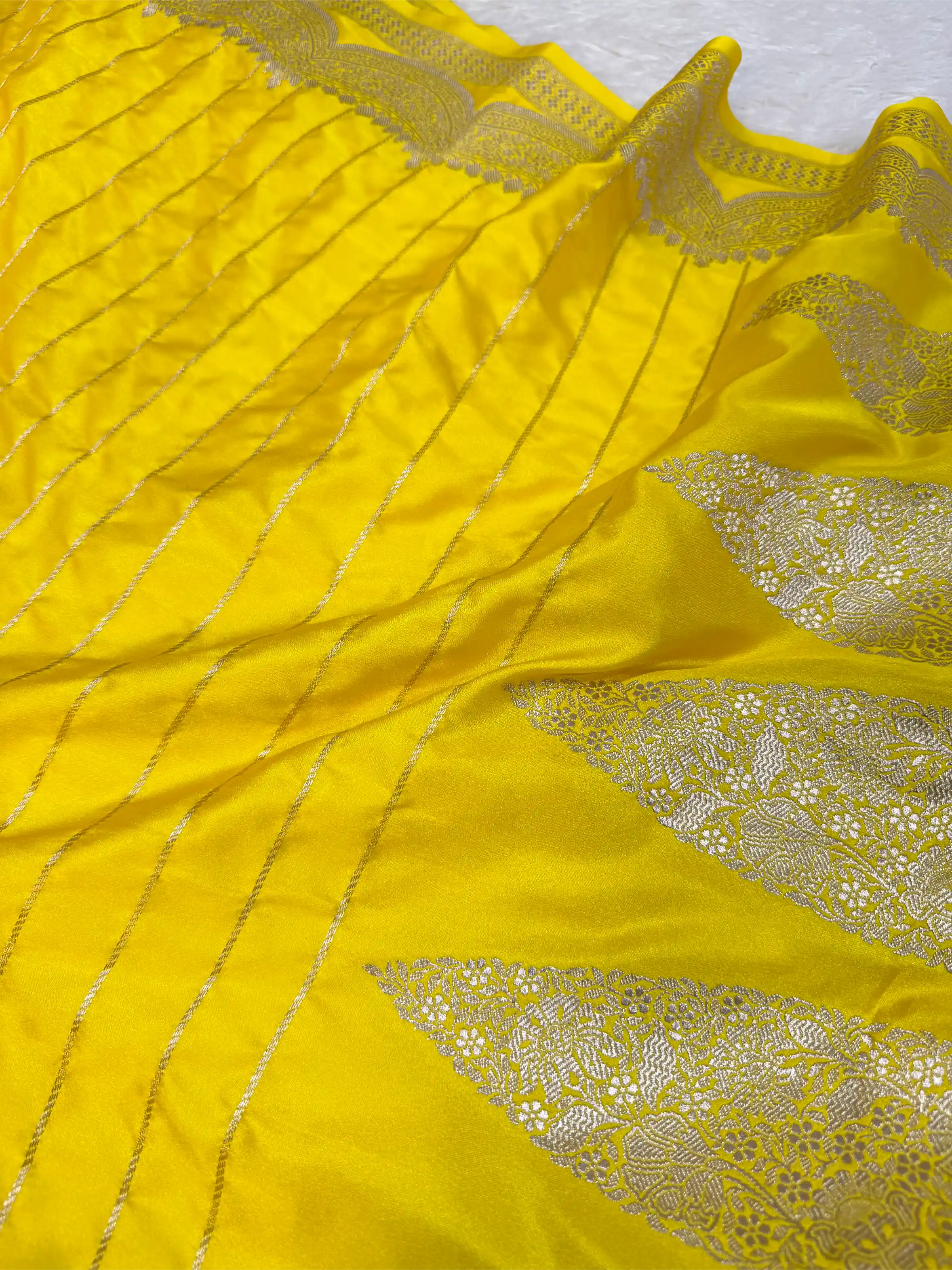 Lemon Yellow Mashru Katan Silk Contemporary Weave Banarasi Saree