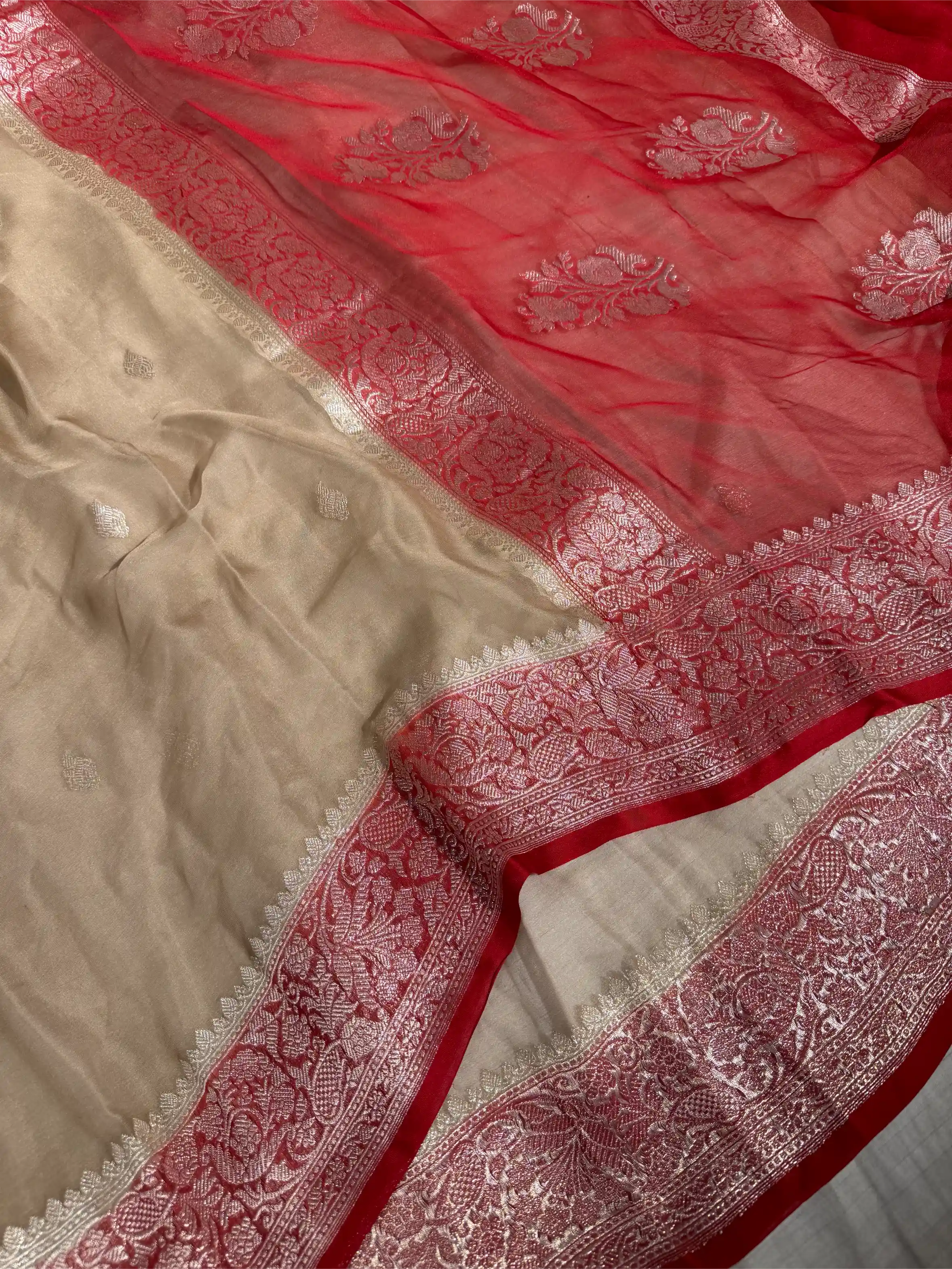 Light Beige Pure Khaddi Chiffon Silk Handwoven Banarasi Saree