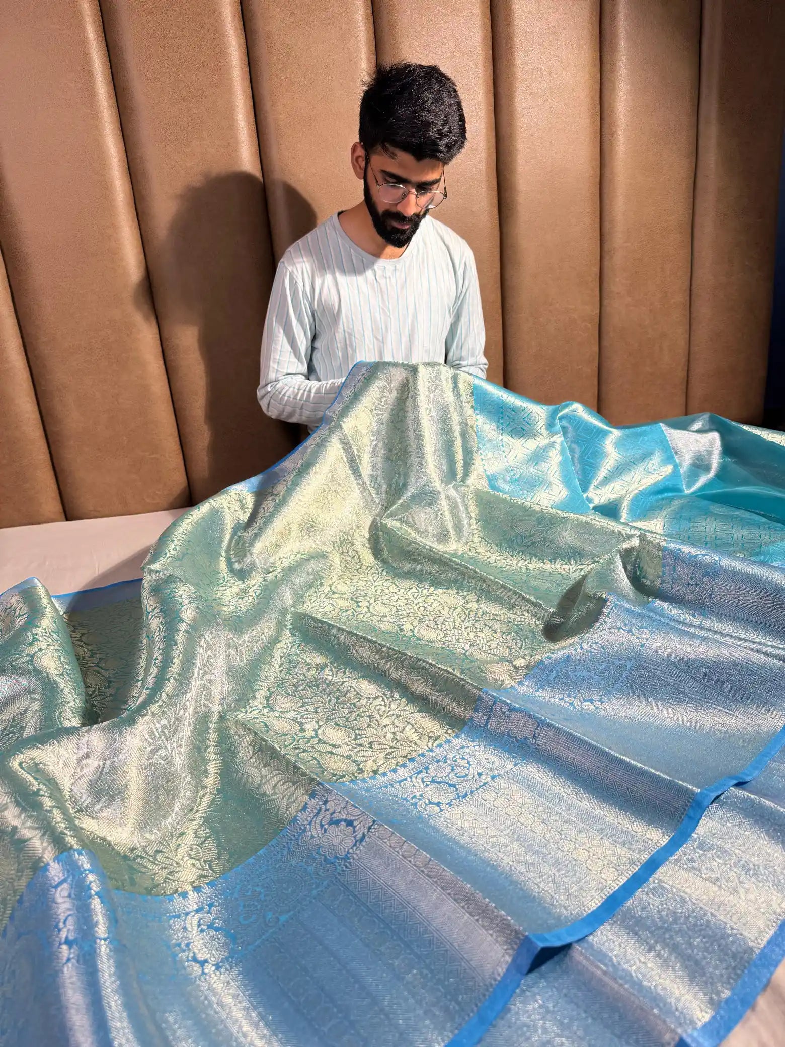 Light Blueish Texture Embossed Soft Tissue Silk Banarasi Saree