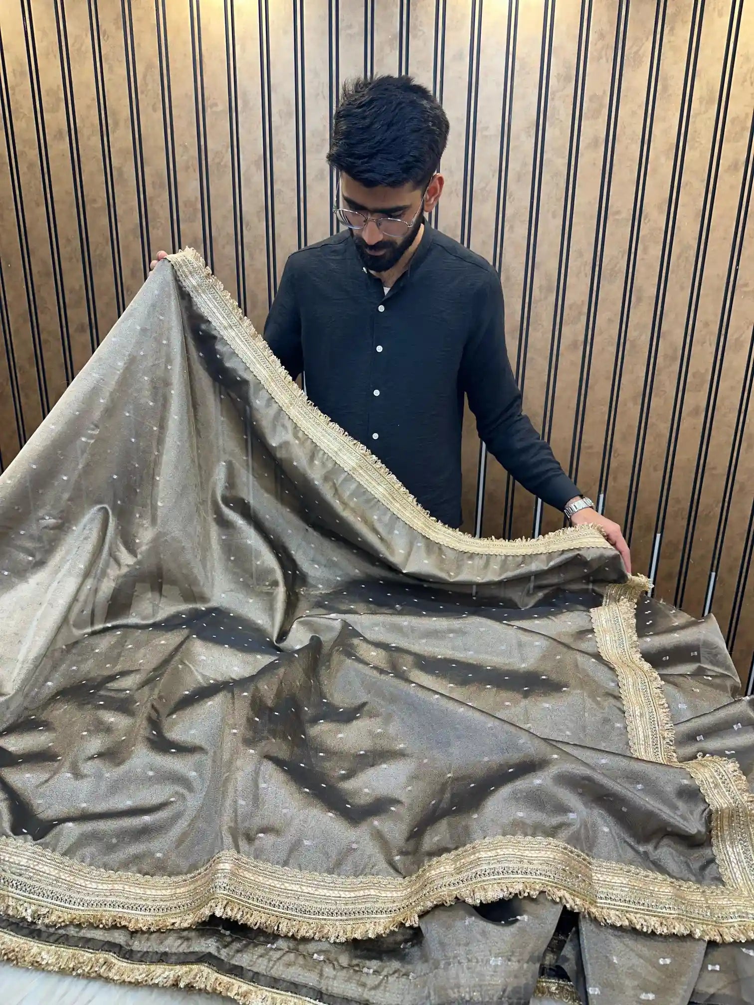 Light Brown Tissue Silk Zari Buti Gota Lace Work Banarasi Saree