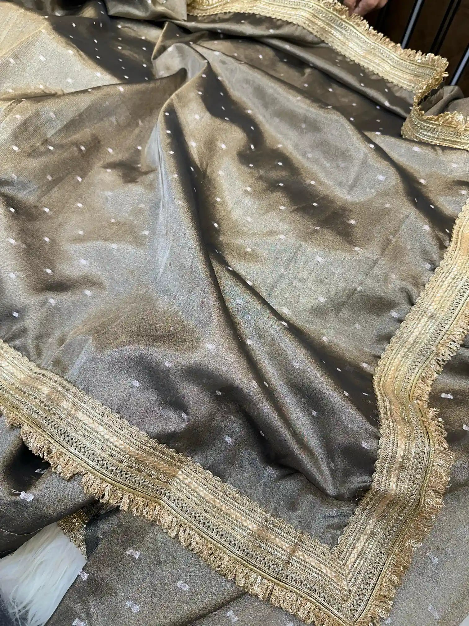 Light Brown Tissue Silk Zari Buti Gota Lace Work Banarasi Saree