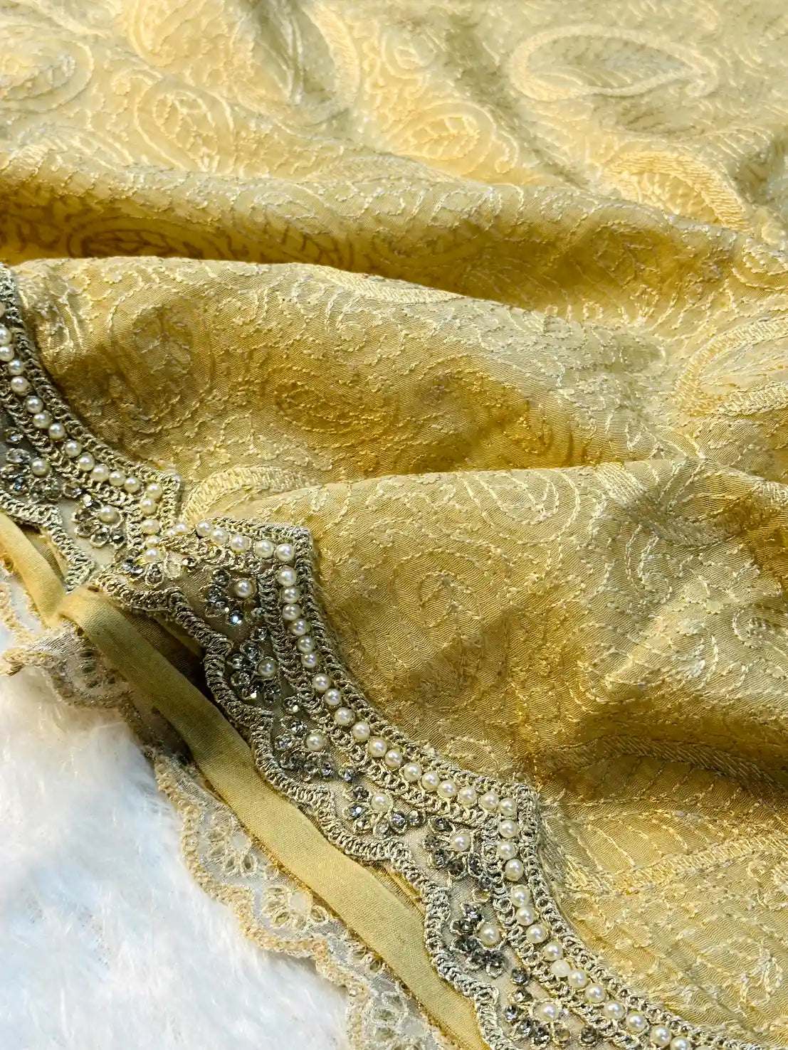 Light Cream Pure Mul Chanderi Chikankari Embroidery Moti Lace Work Saree