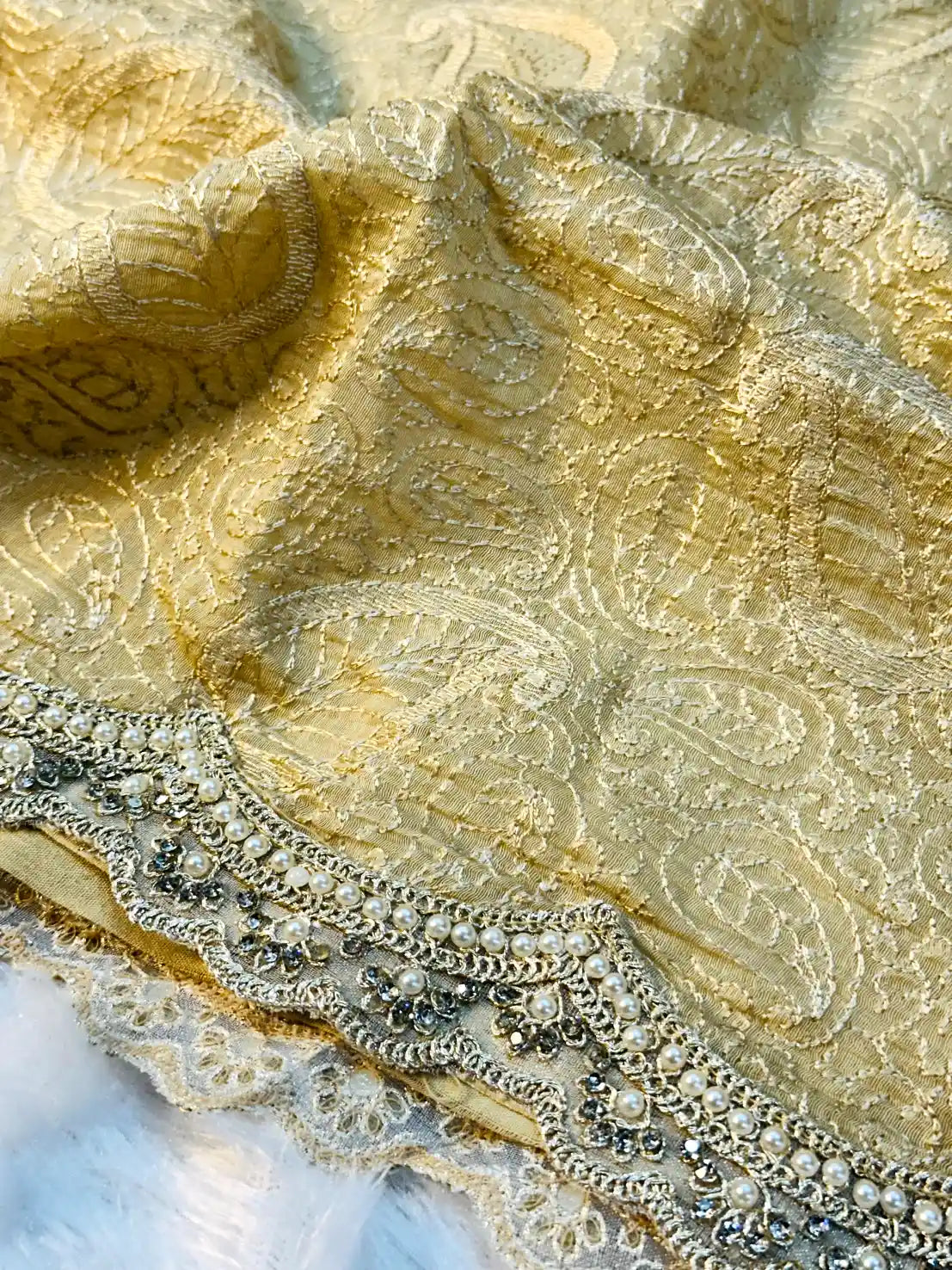 Light Cream Pure Mul Chanderi Chikankari Embroidery Moti Lace Work Saree
