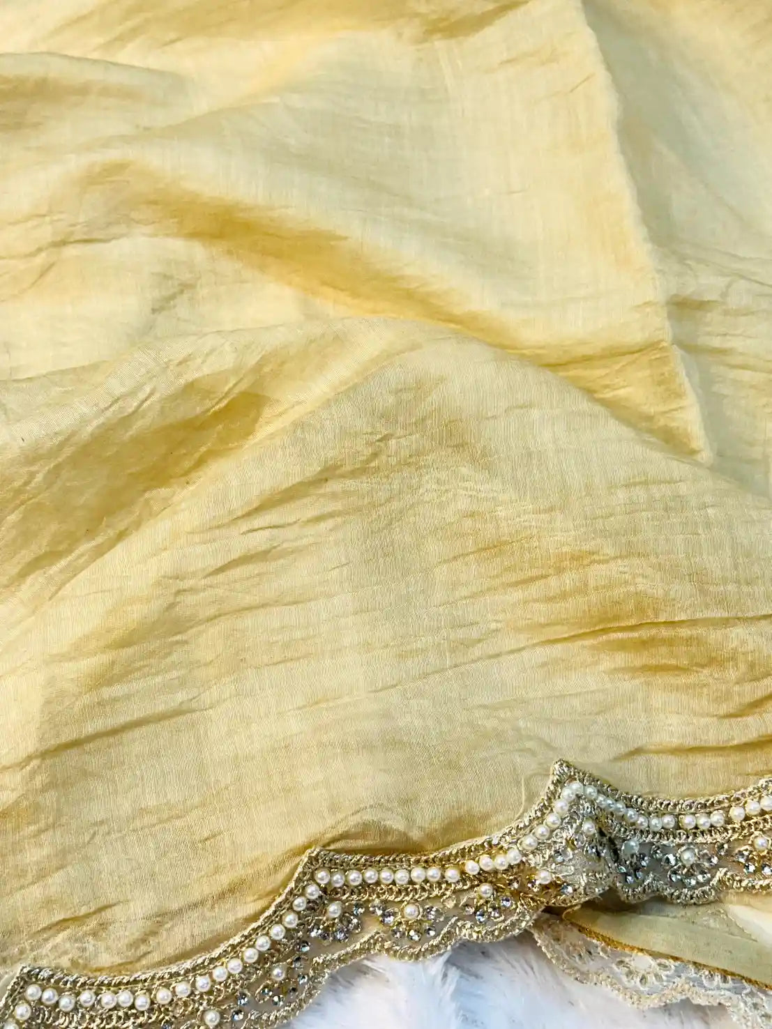 Light Cream Pure Mul Chanderi Chikankari Embroidery Moti Lace Work Saree