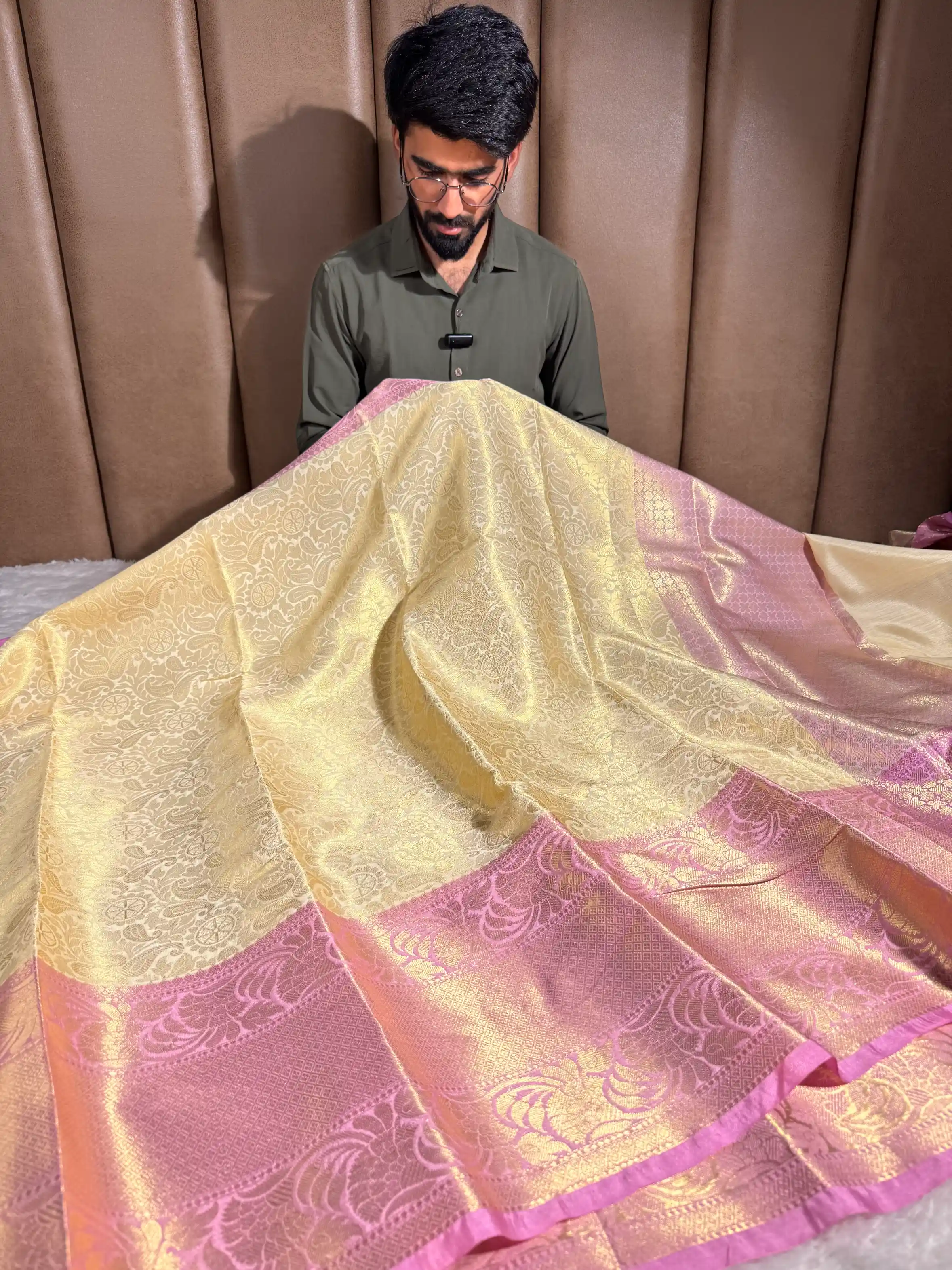 Light Cream Softsilk Kanjivaram Embossed Weave Banarasi Saree