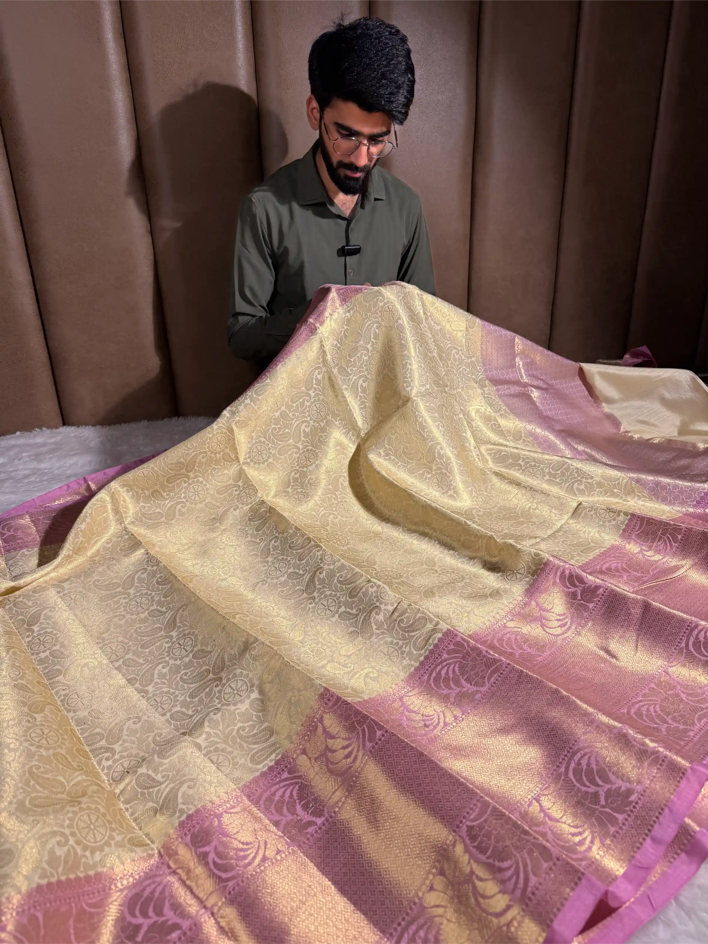 Light Cream Softsilk Kanjivaram Embossed Weave Banarasi Saree