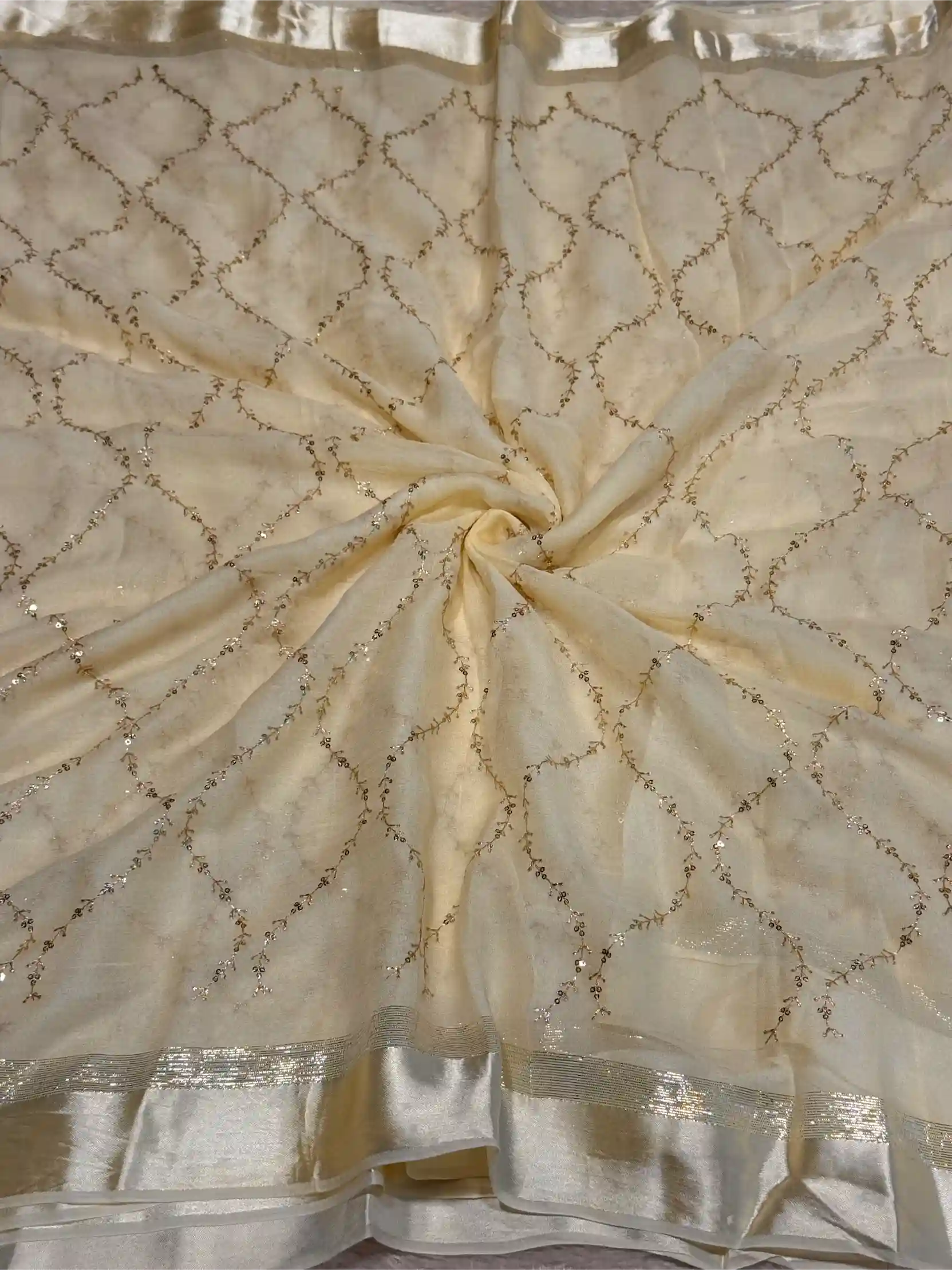 Light Cream Viscose Georgette Silk Embroidered Work Banarasi Saree