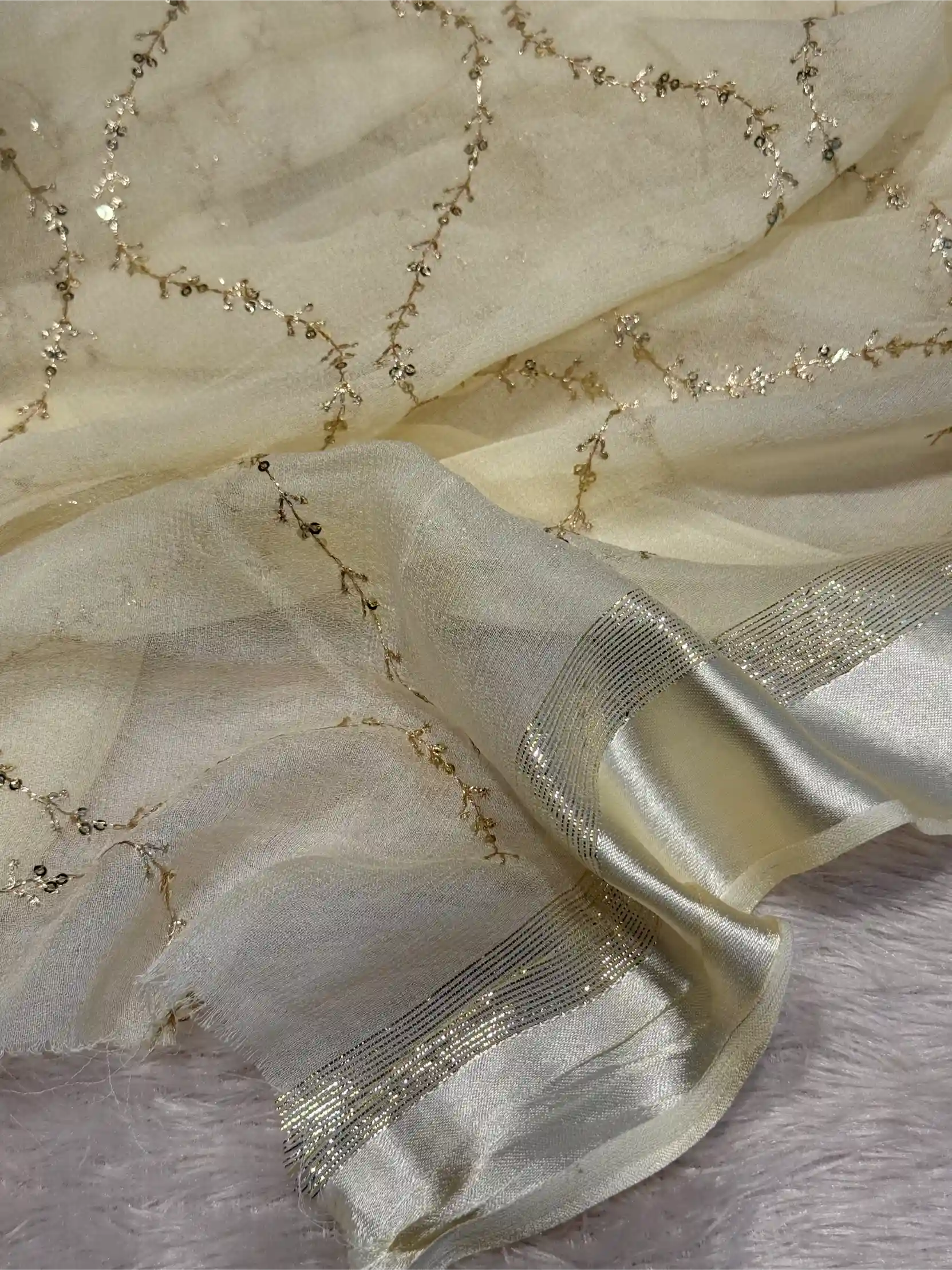 Light Cream Viscose Georgette Silk Embroidered Work Banarasi Saree