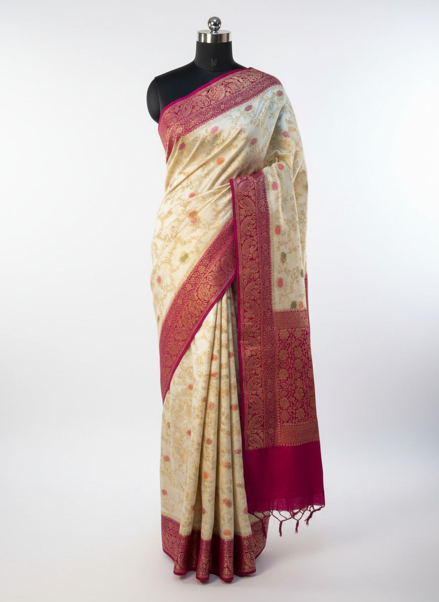 Light Cream Warm Silk Meenakari Jaal Weave Banarasi Saree
