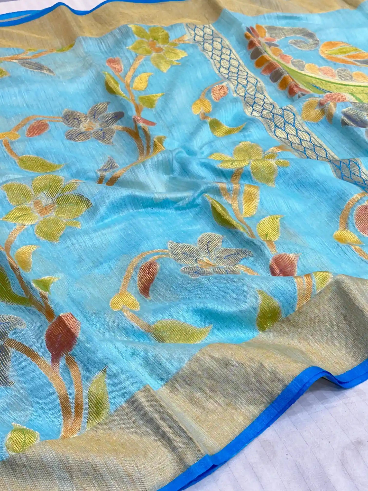 Light Firozi Pure Matka Silk Floral Banarasi Saree