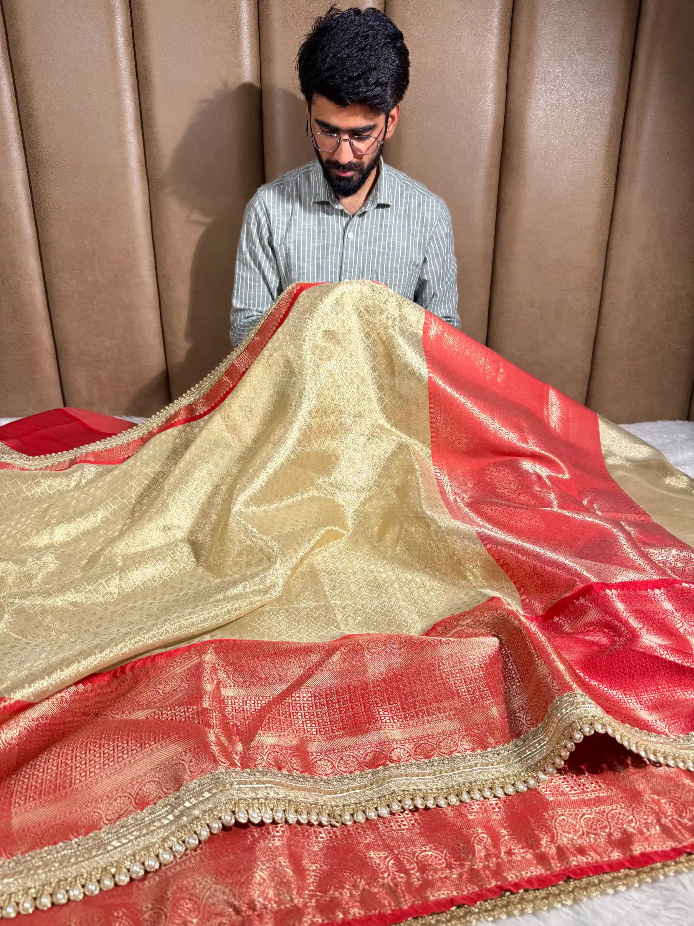 Light Gold Bridal Kanjivaram Tissue Silk Brocade Designer Banarasi Saree