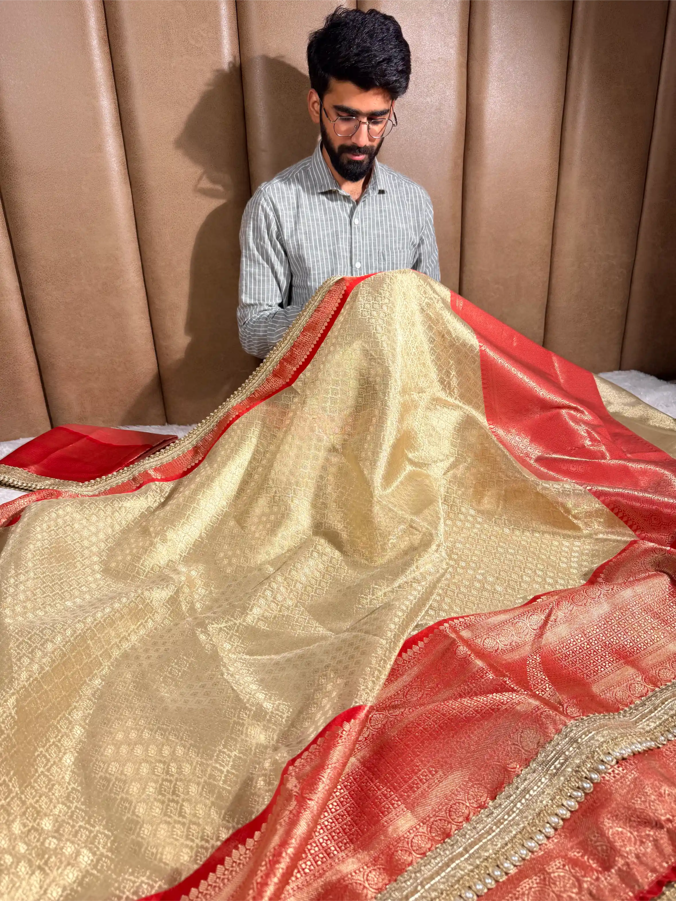 Light Gold Bridal Kanjivaram Tissue Silk Brocade Designer Banarasi Saree