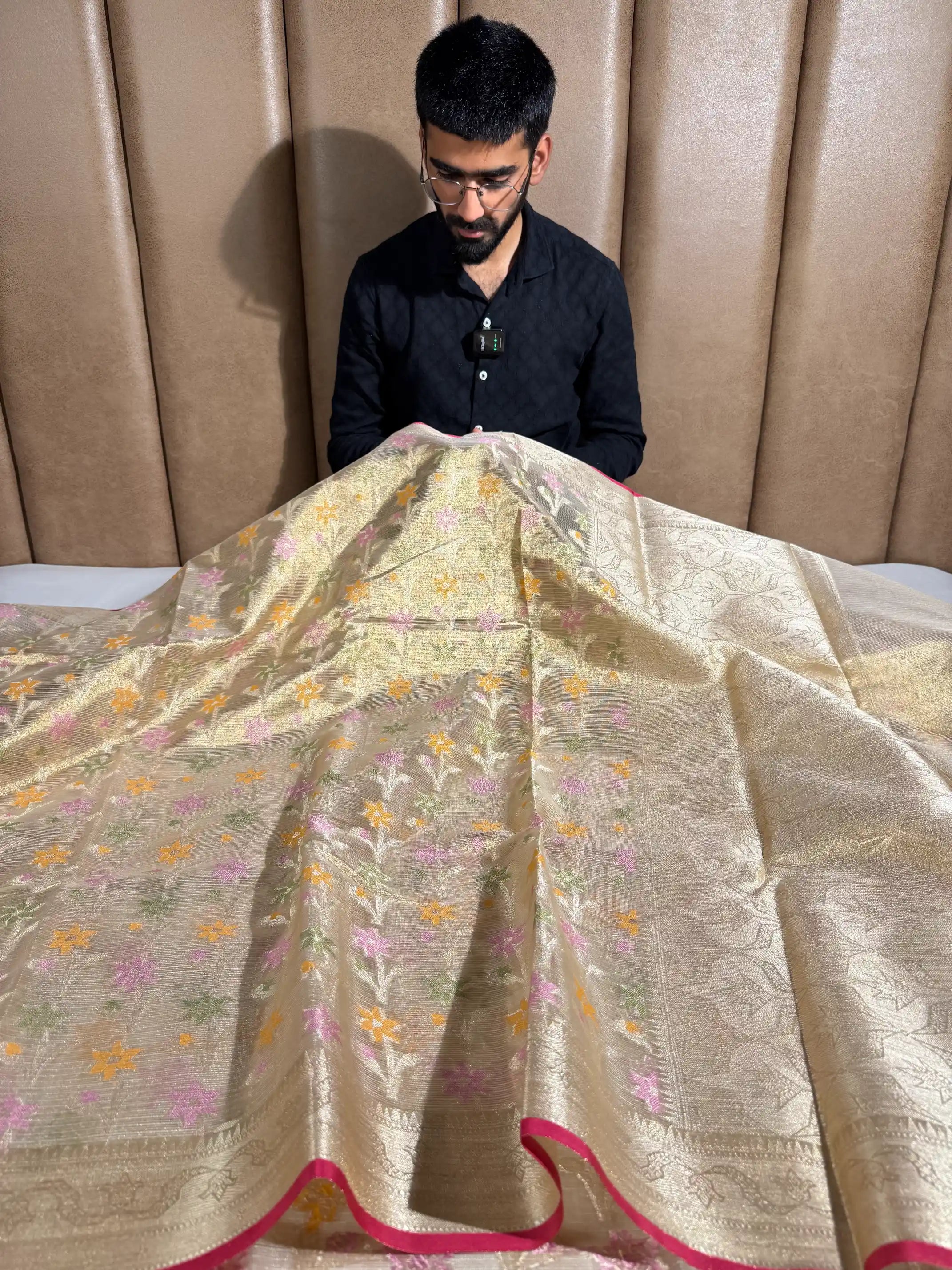 Light Gold Kota Tissue Silk Meenakari Floral Banarasi Saree