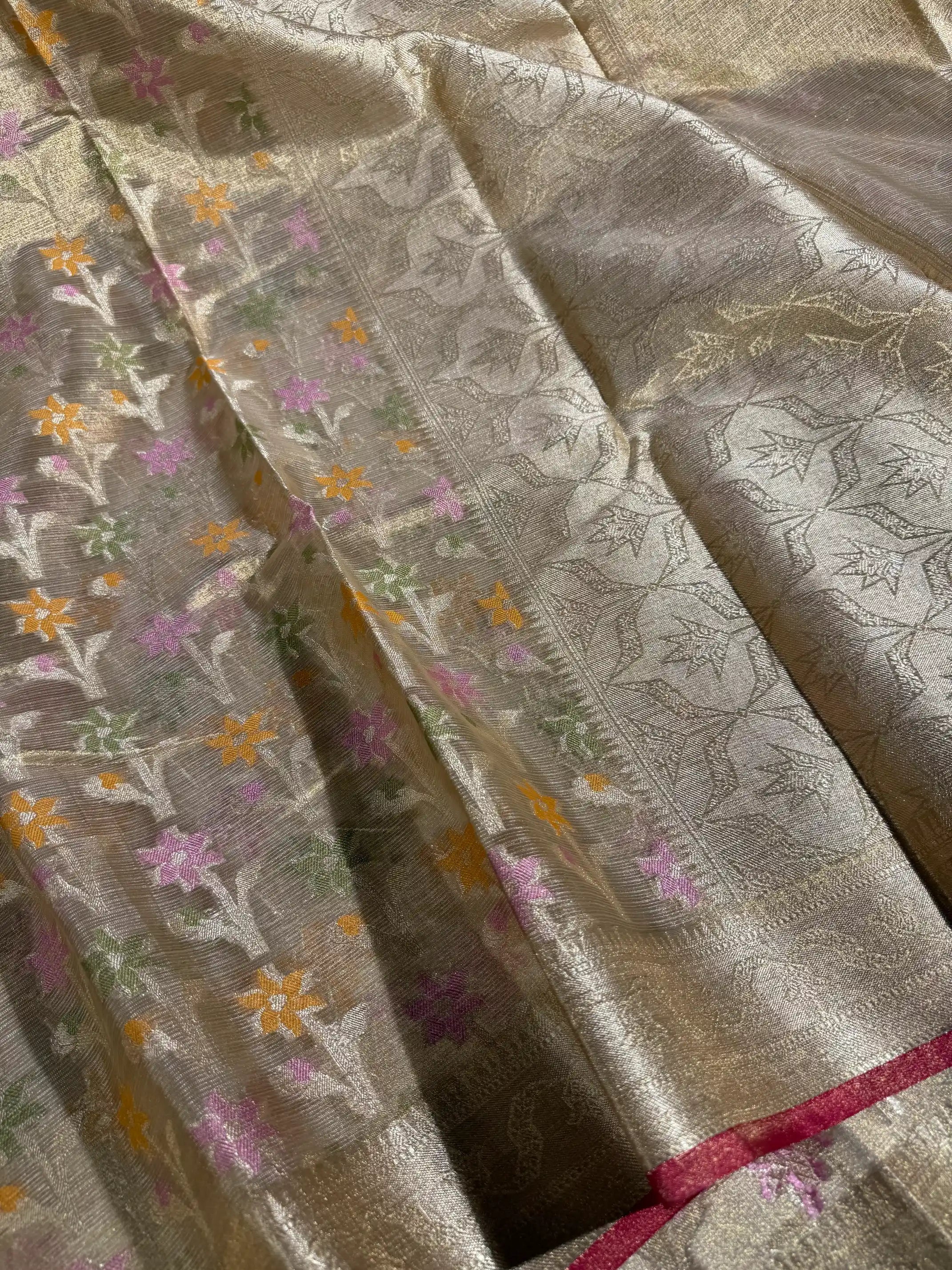 Light Gold Kota Tissue Silk Meenakari Floral Banarasi Saree