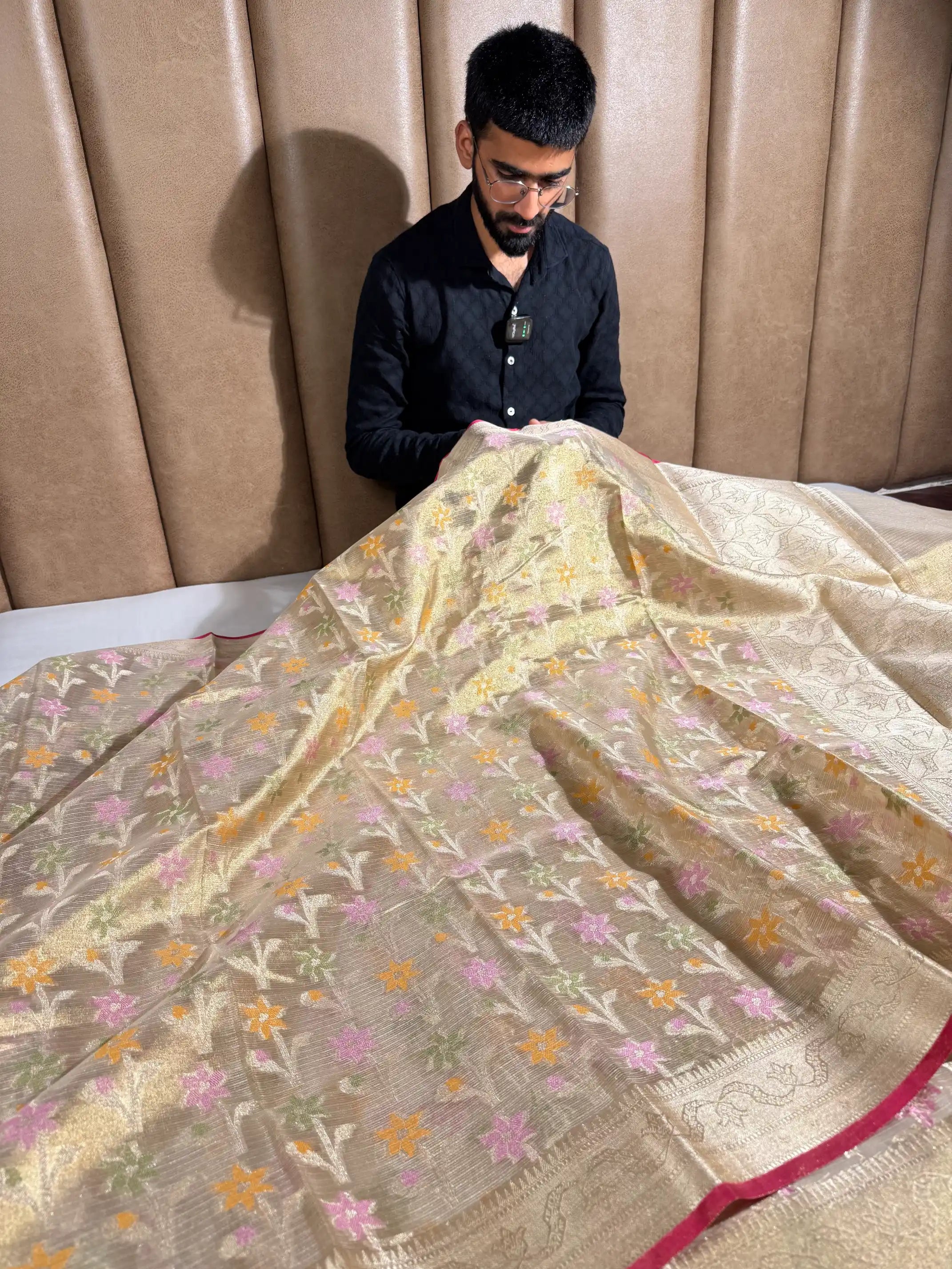 Light Gold Kota Tissue Silk Meenakari Floral Banarasi Saree